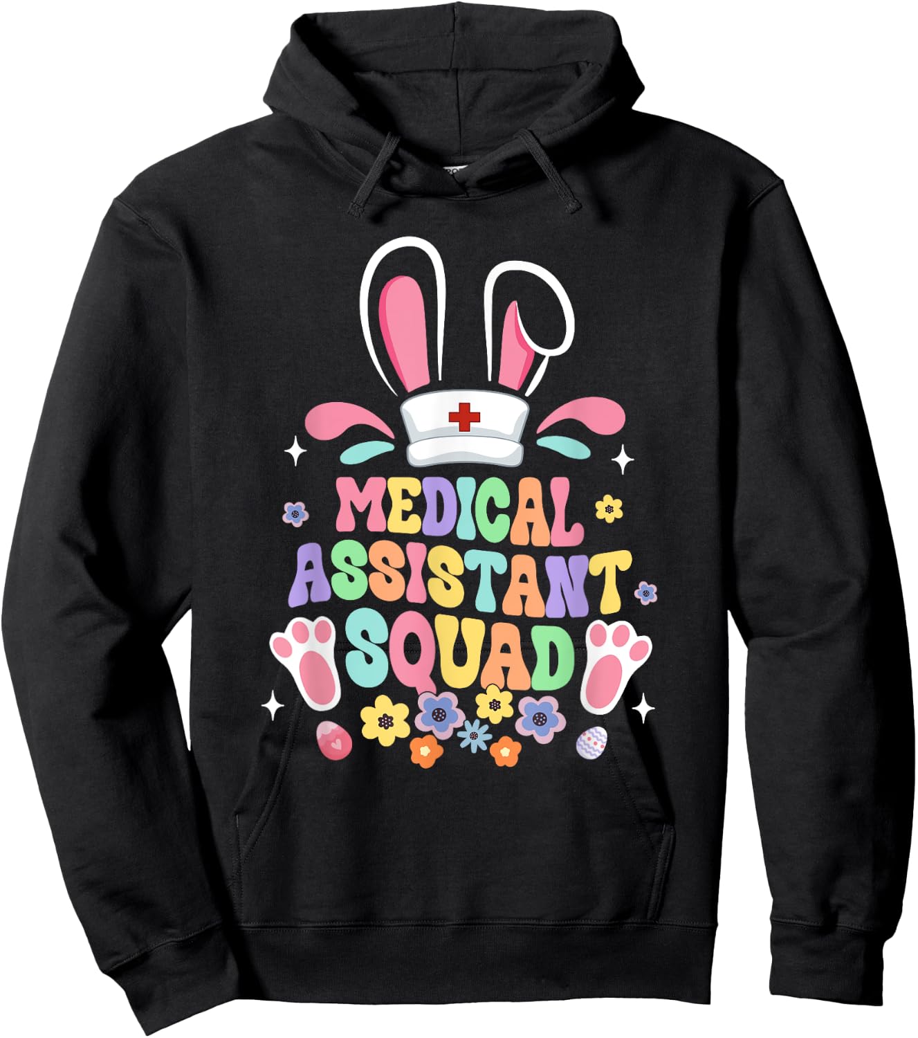 Retro Groovy Medical Assistant Squad Bunny Ear Flower Easter Hoodie - Hoodie | Black