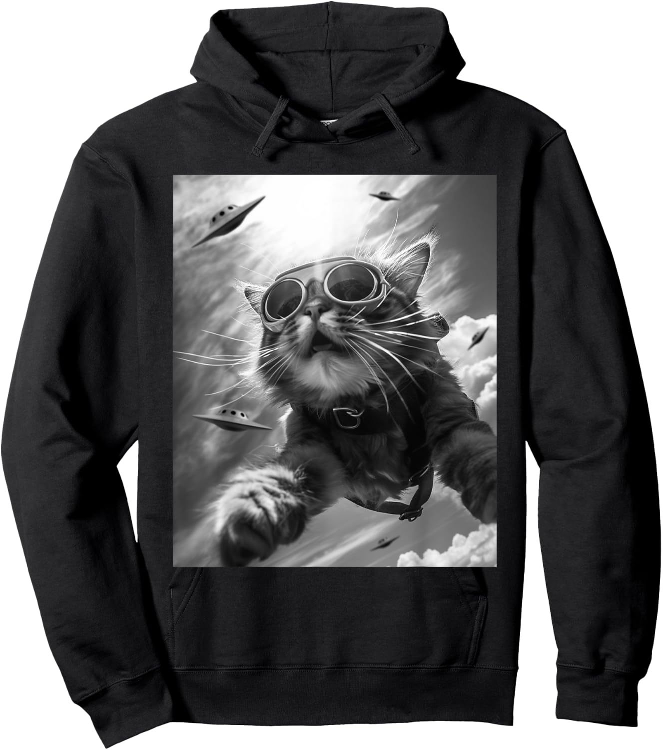 Funny Skydiving Cat Selfie with Alien UFOs Men Women Kids Hoodie - Hoodie | Black
