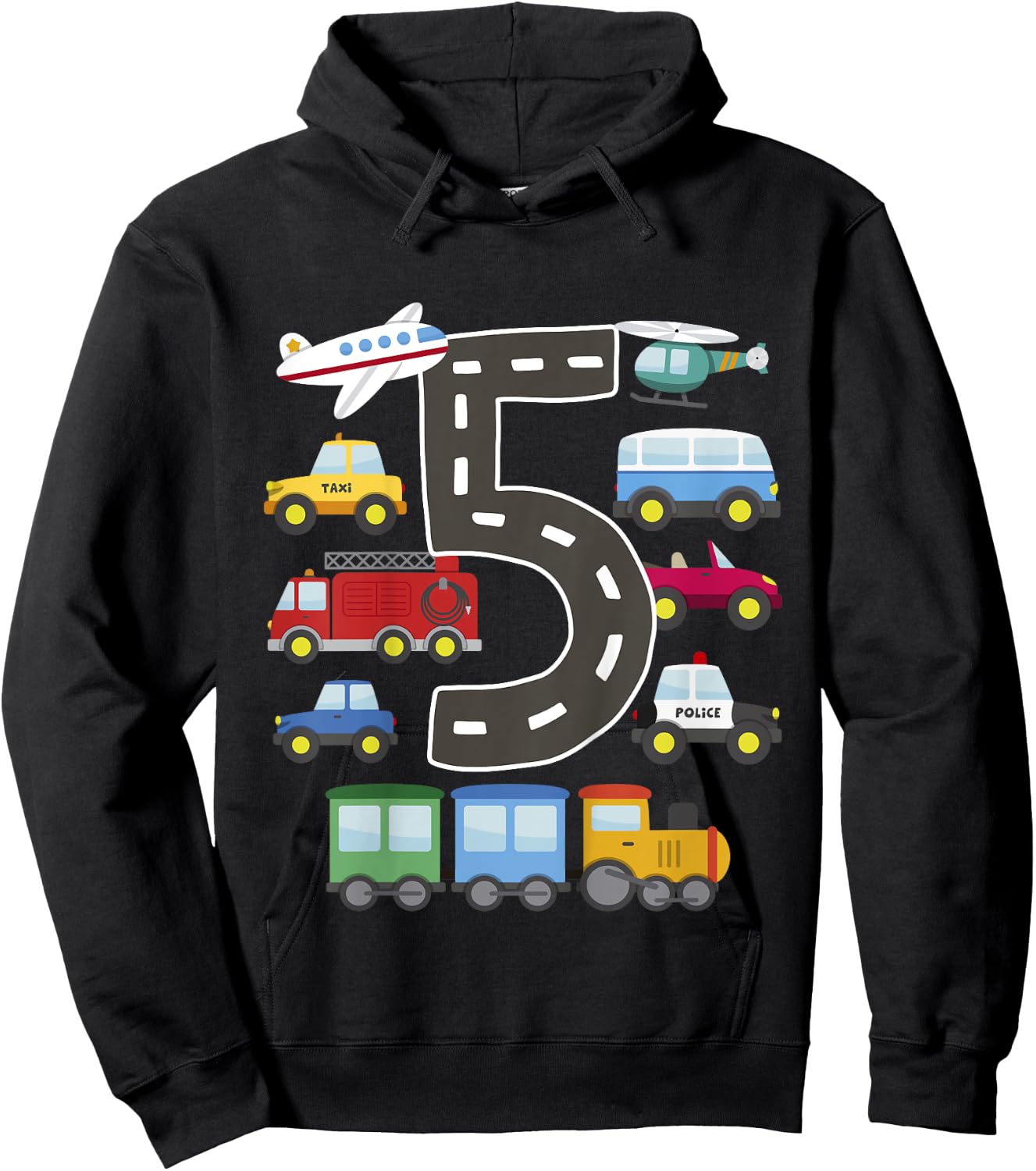 5 Year Old Transportation Birthday Car Train Plane 5th Gift Hoodie - Hoodie | Black