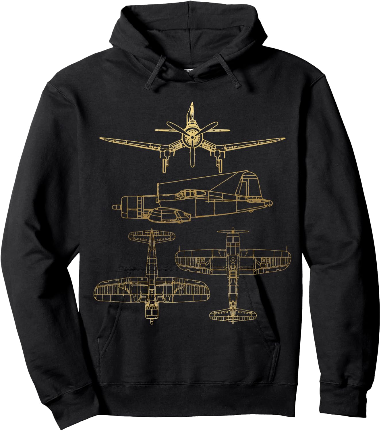 Corsair F4U WW2 Plane Warbird Blueprint Schematics Diagram Hoodie - Hoodie | Black