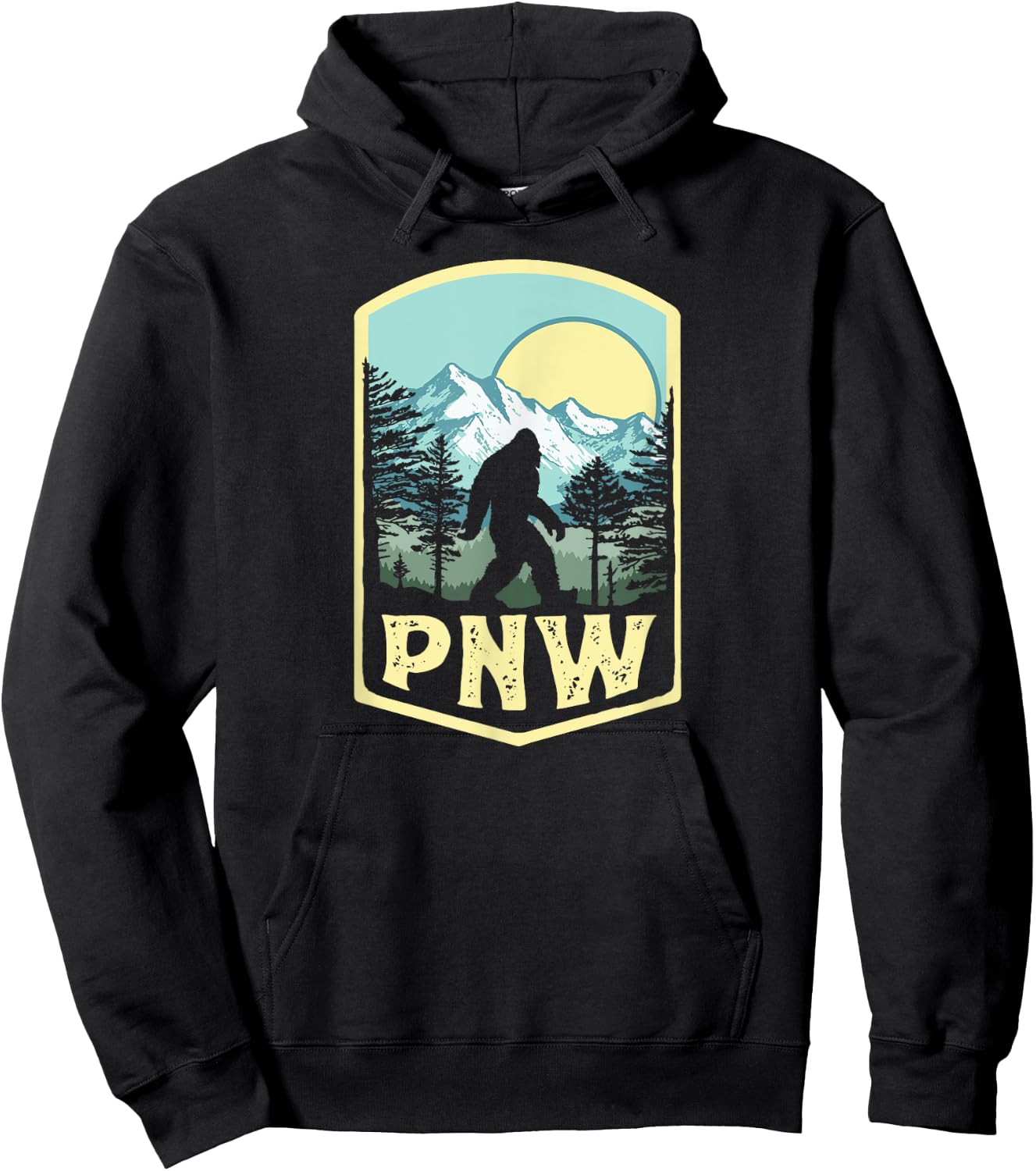 Vintage PNW Bigfoot Outdoor Badge Mountains & Trees Hoodie - Hoodie | Black