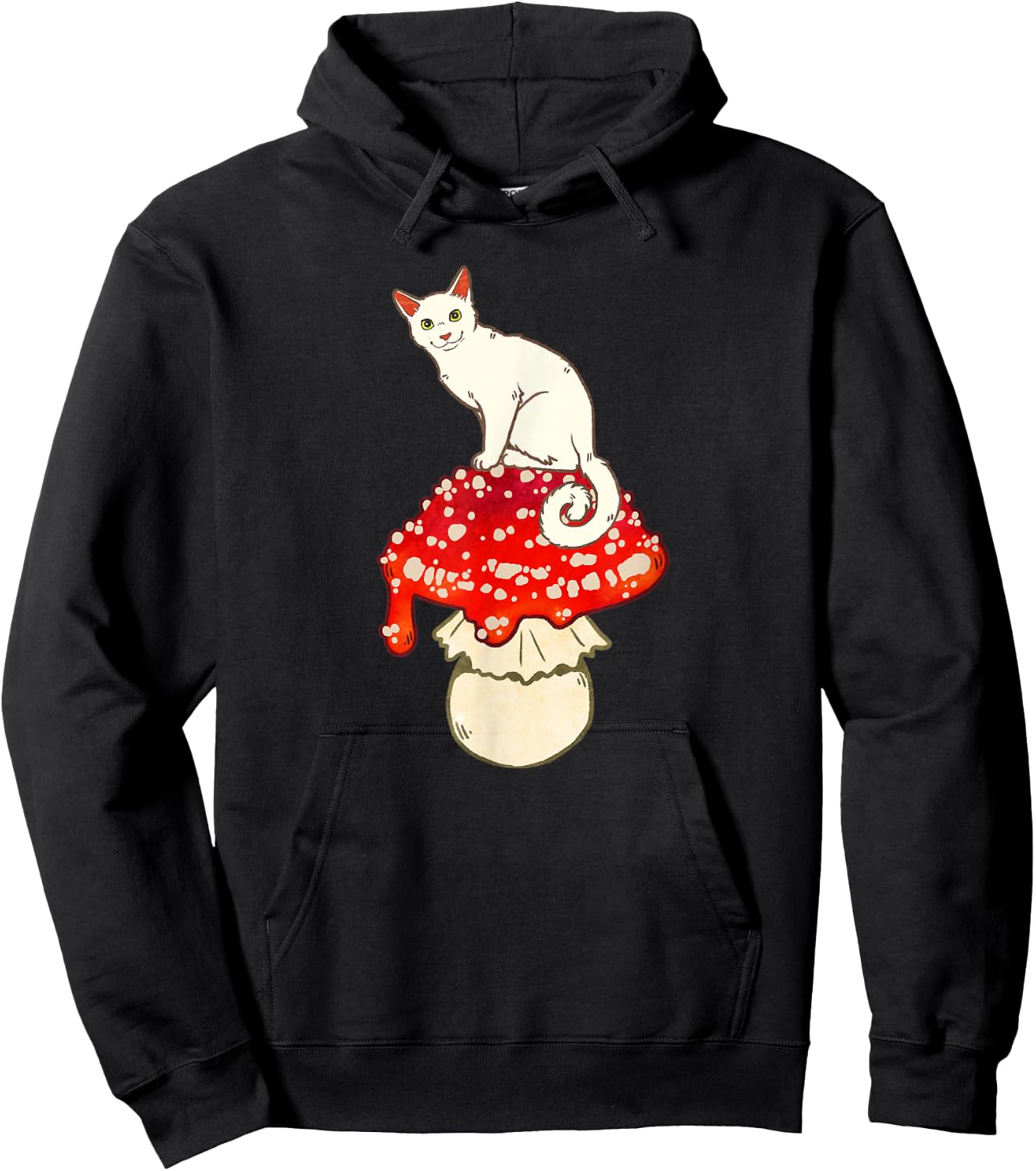 Cute White Cat Sitting on Red Spotted Mushroom Hoodie - Hoodie | Black
