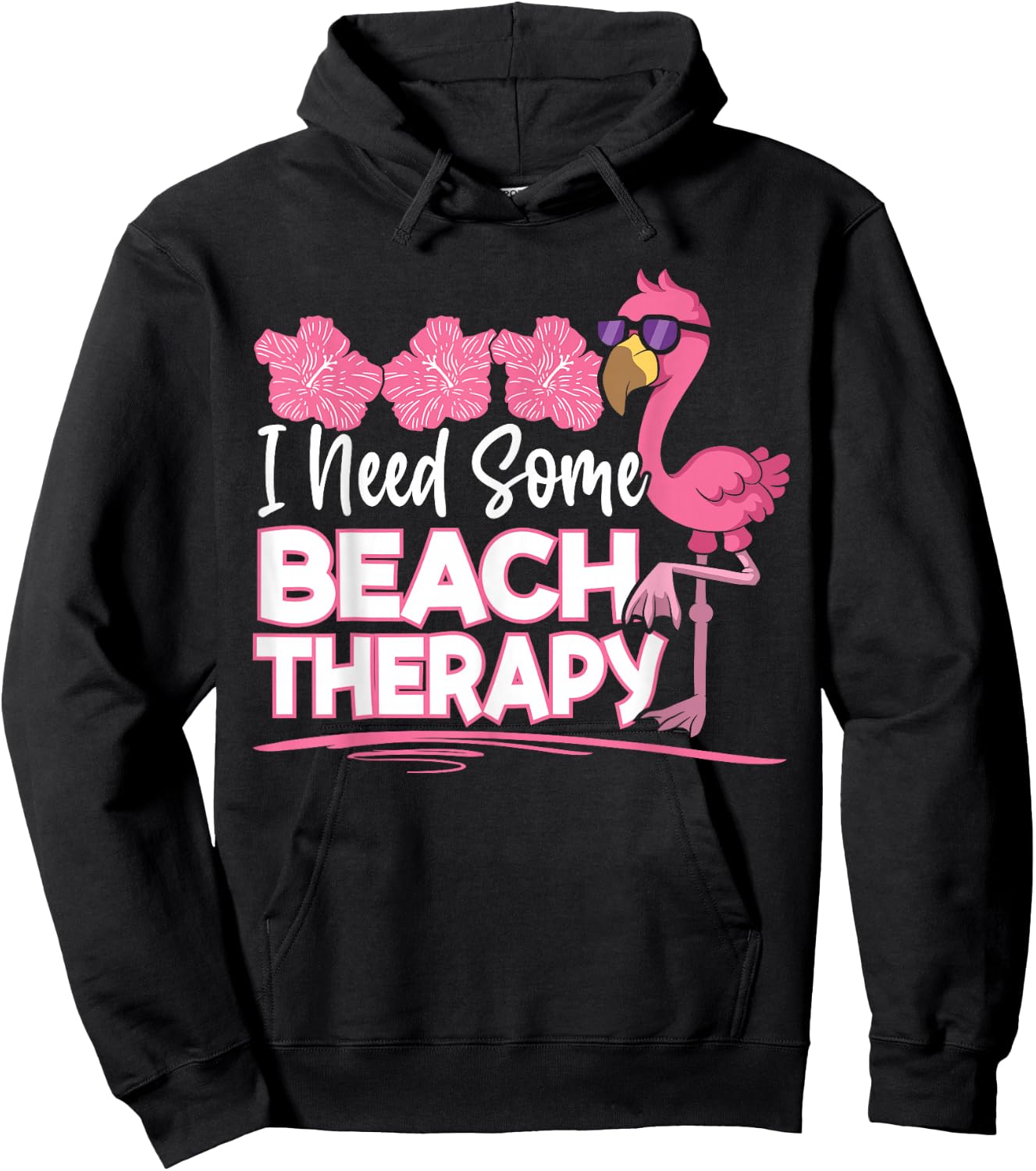 I Need Some Beach Therapy Summer Vacay Pink Flamingo Hoodie - Hoodie | Black