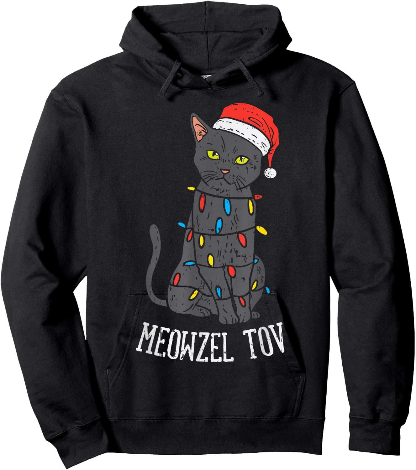 Meowzel Tov Hanukkah Black Cat Christmas Lights Pet Gift Hoodie - Hoodie | Black