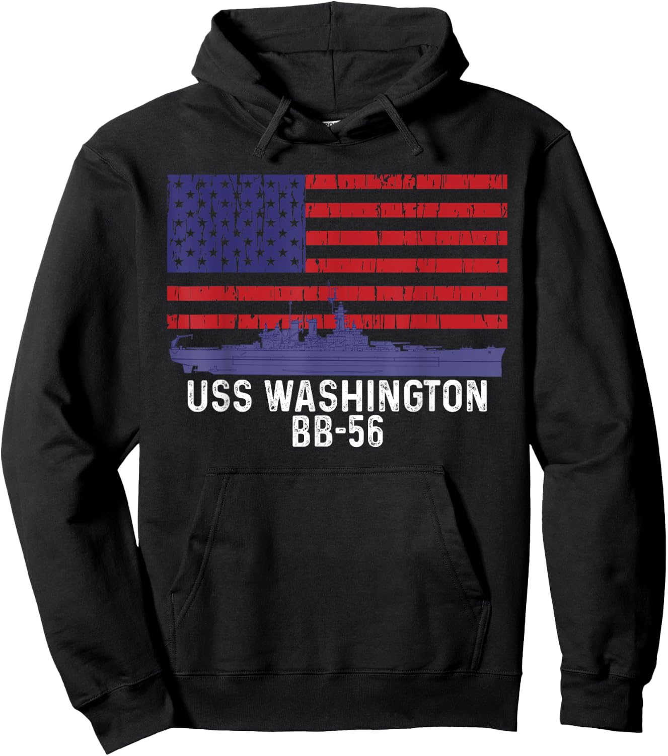 USS Washington BB-56 Battleship Vintage American Flag Hoodie - Hoodie | Black