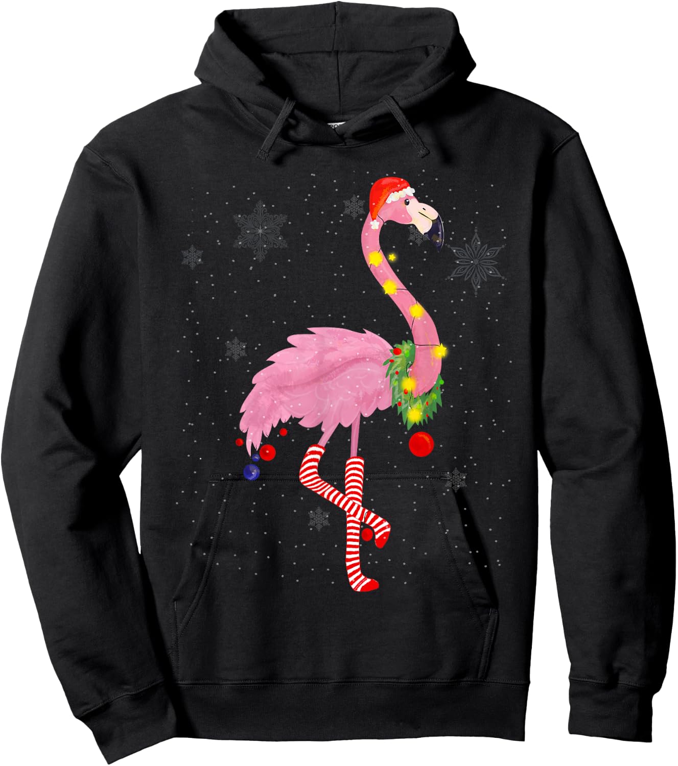 Cute Pink Flamingo with Snow, Lights and Santa Hat Christmas Hoodie - Hoodie | Black