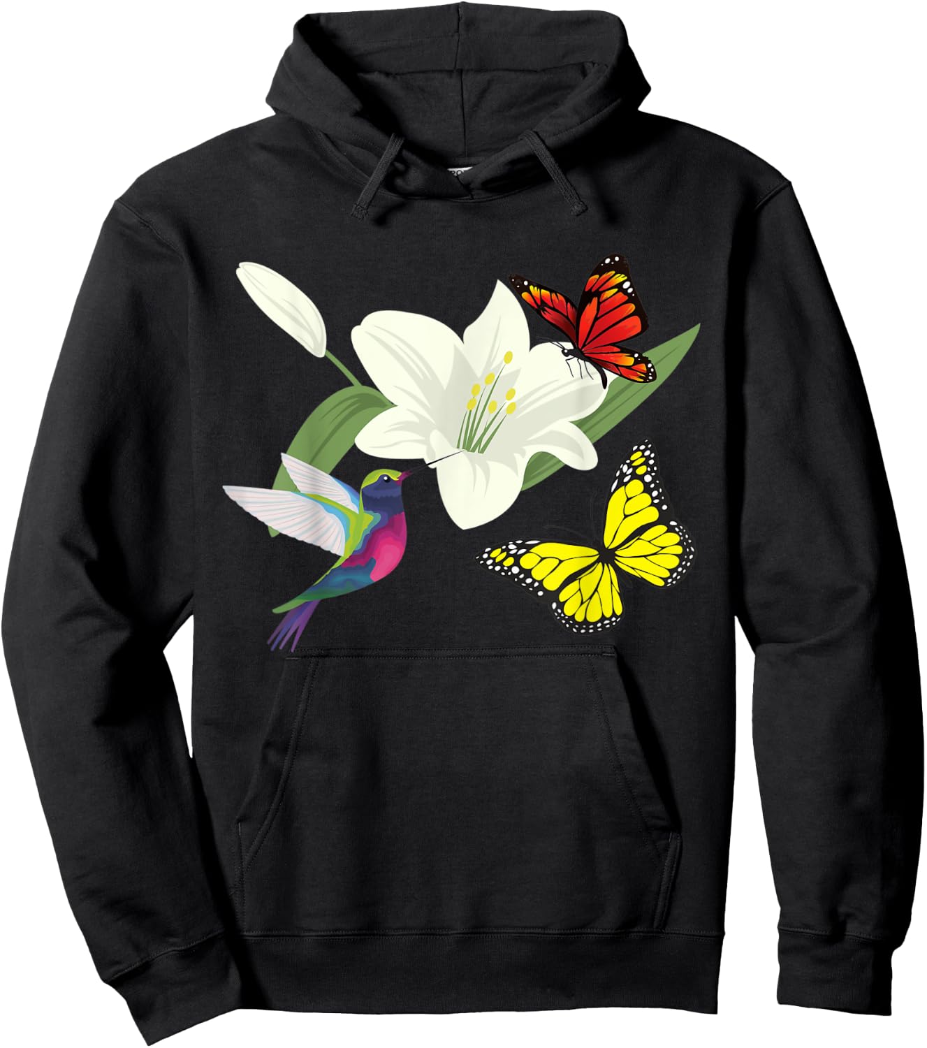 Hummingbird and butterflies in a flower Hoodie - Hoodie | Black