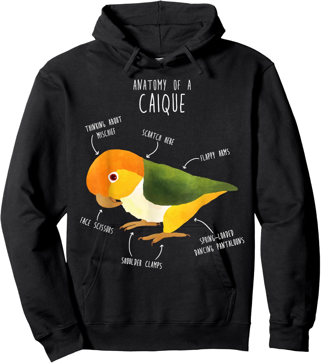 Cool Bird Gifts Anatomy of a White-Bellied Caique, Cute Funny Bird Parrot Hoodie - Hoodie | Black