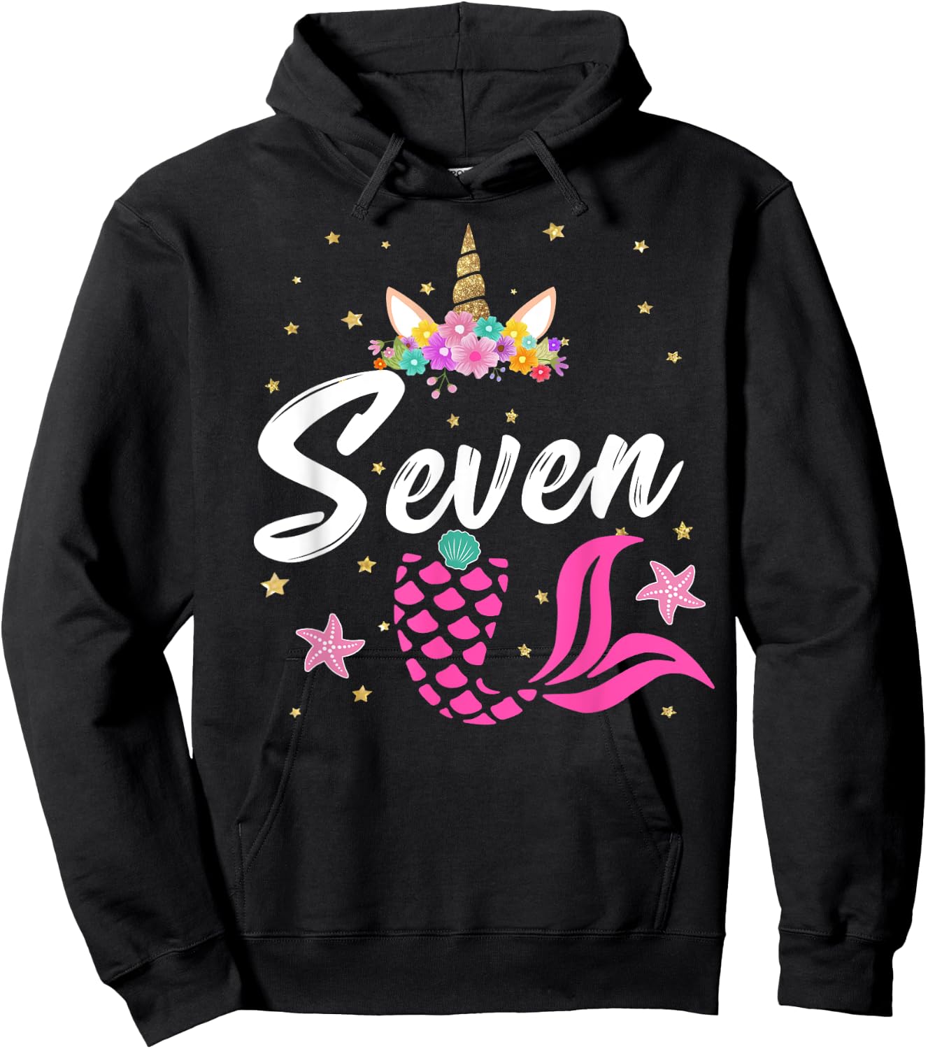 7th Birthday Girl Unicorn Shirt Mermaid Tail 7 Years Old Hoodie - Hoodie | Black