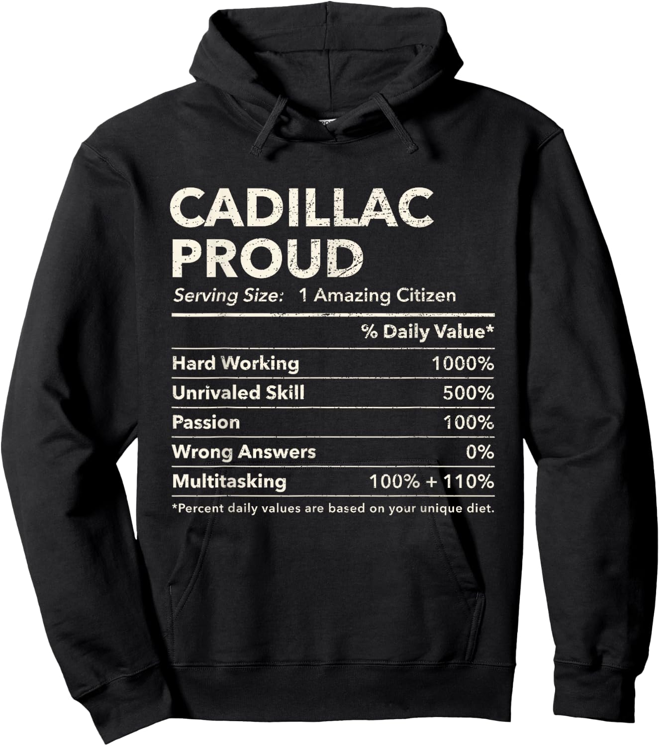 Cadillac, Florida Proud Nutrition Facts Hoodie - Hoodie | Black