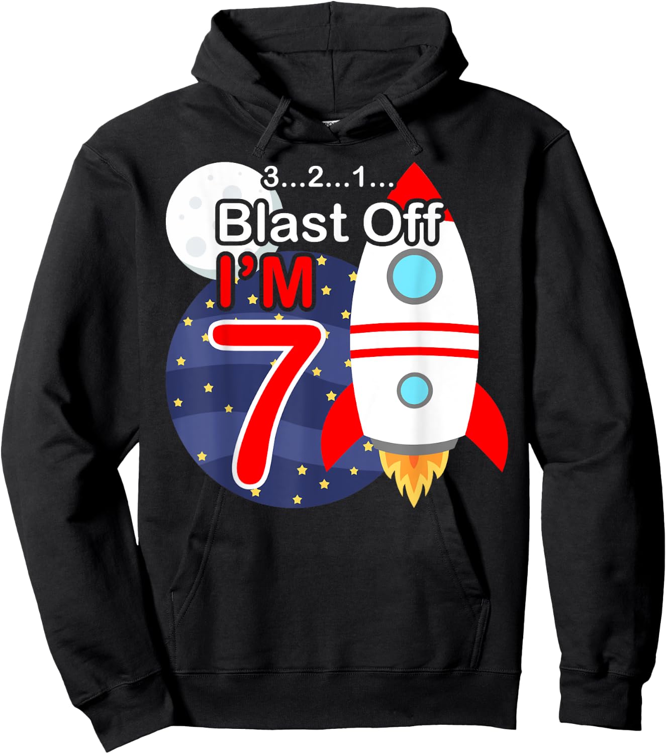 Funny 7th Birthday Gift Boys 7 Years Old Outer Space Rocket Hoodie - Hoodie | Black