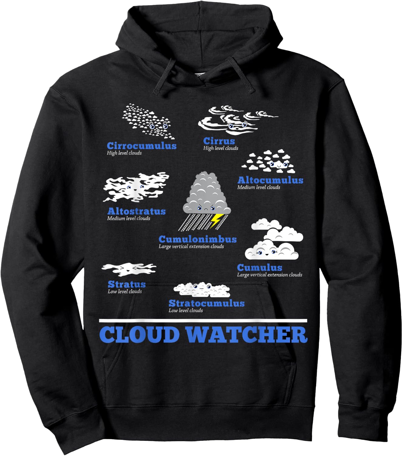 Cloud Watcher Cloud Types Science Student Teacher Cute Faces Women Girls Kids Hoodie - Hoodie | Black