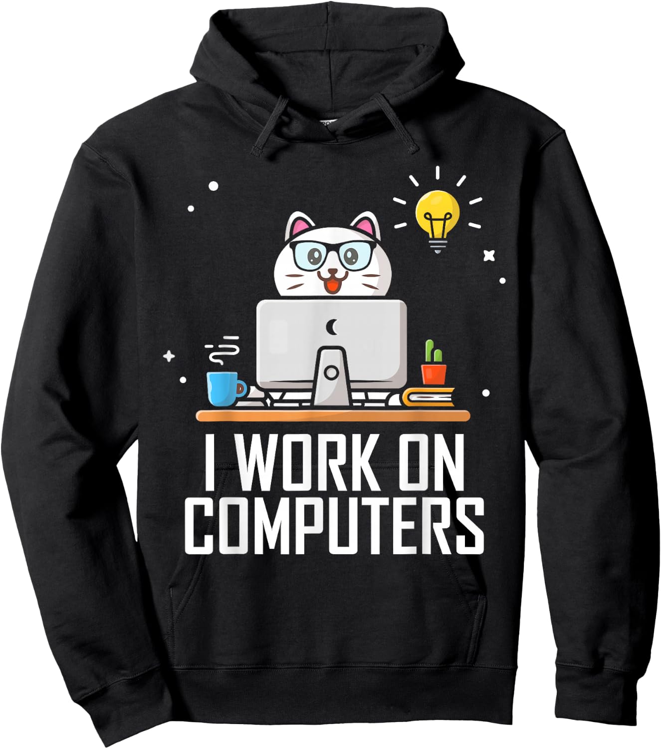 I Work on Computers Funny Cute Tech Coding Cat Working Men Women Hoodie - Hoodie | Black