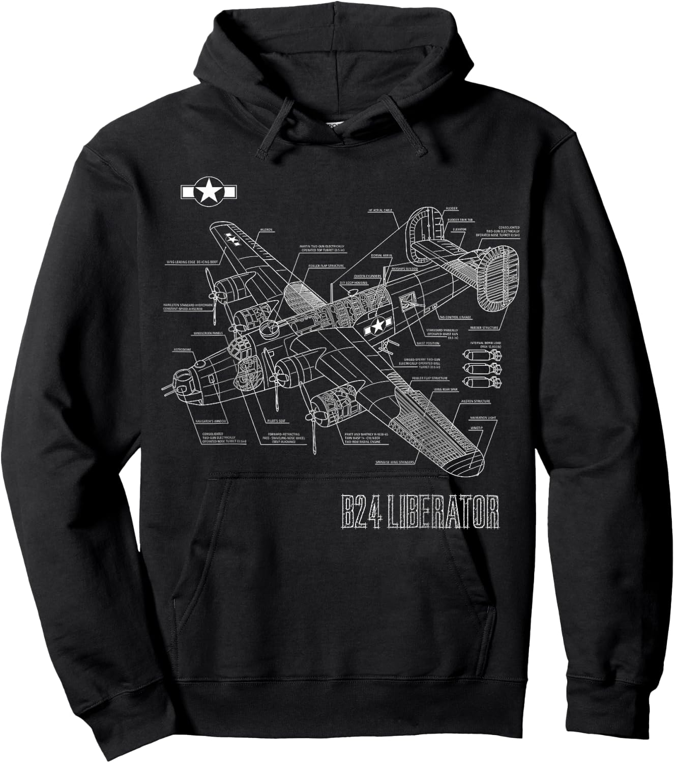World War 2 Aircraft Blueprint WWII B24 Liberator Bomber Hoodie - Hoodie | Black