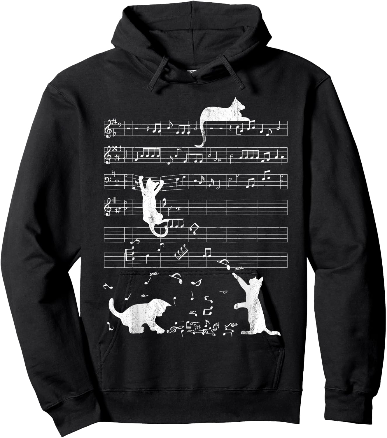 Cute Cat Distressed Music Notes Kitty Piano Musician Women Kids Hoodie - Hoodie | Black