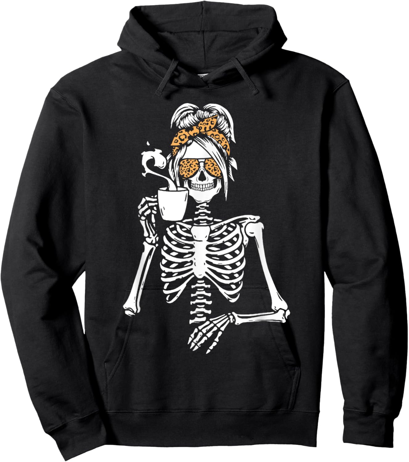 Skeleton Messy Bun Coffee Drinking Halloween Costume Women Hoodie - Hoodie | Black