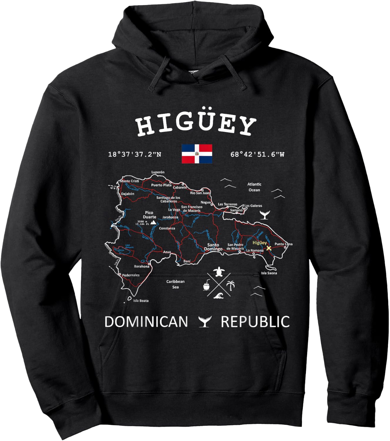 HIGUEY Dominican Republic Flag Travel Map Coordinates Hoodie - Hoodie | Black