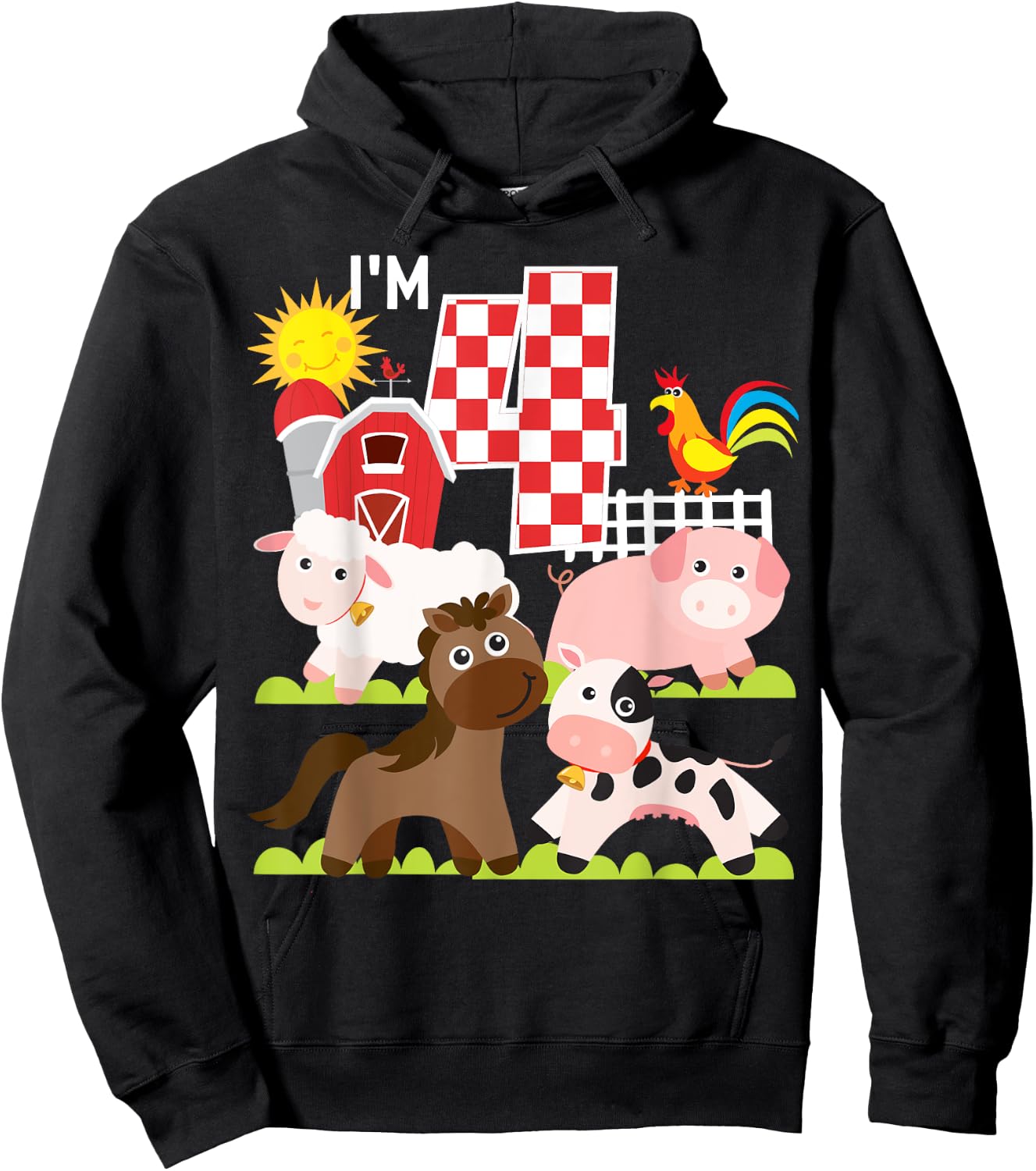 Farm Animals Barnyard 4th Birthday I'm 4 Year Old Kid Hoodie - Hoodie | Black