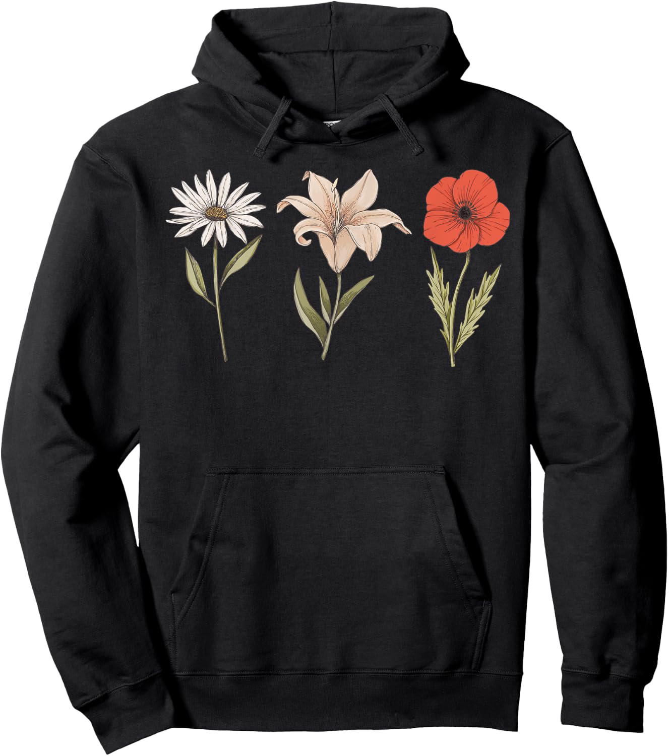 Vintage Flower Drawing Lily Poppy Daisy Hoodie - Hoodie | Black