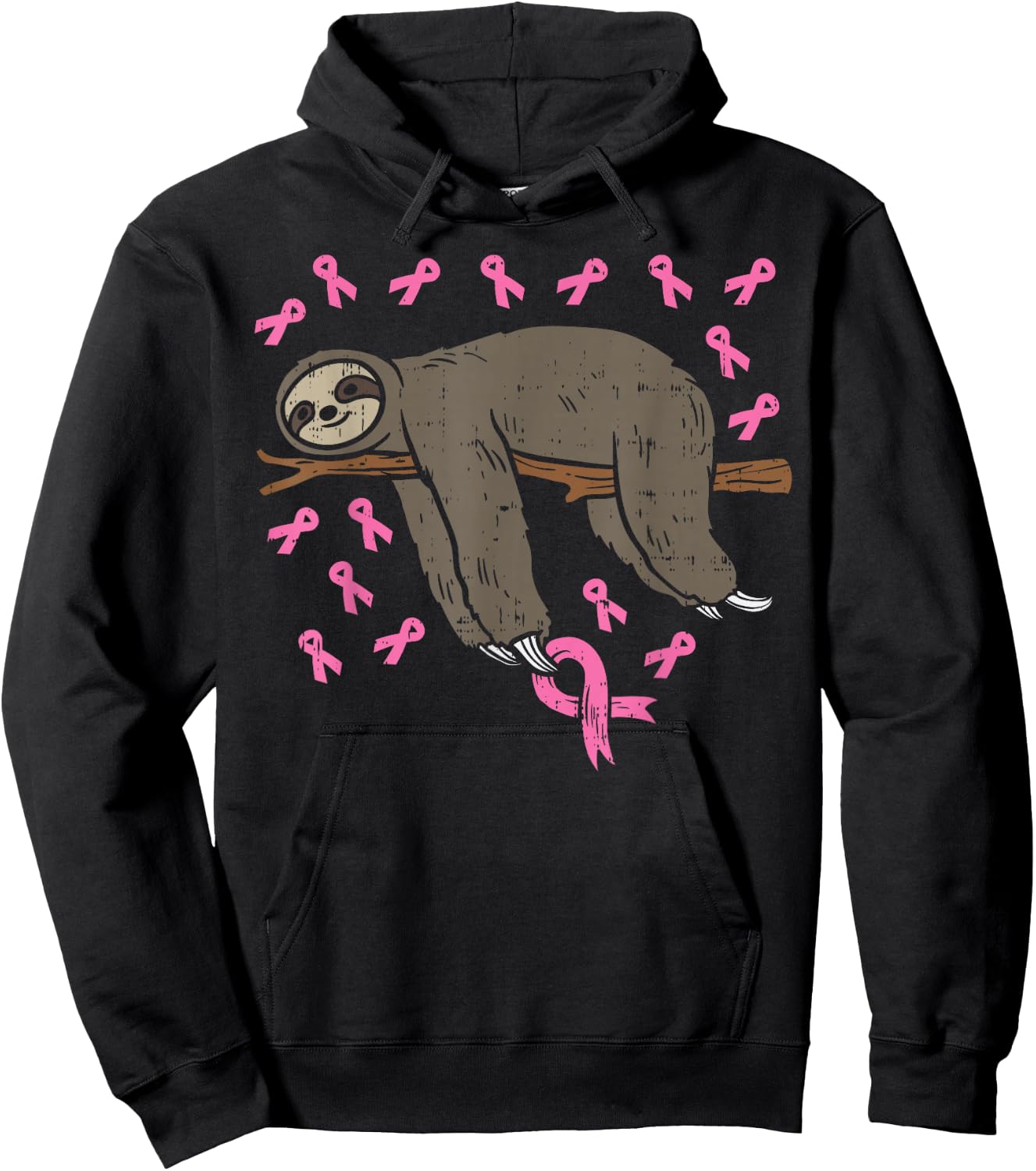Lazy Sloth Pink Ribbon Breast Cancer Awareness Support Gift Hoodie - Hoodie | Black