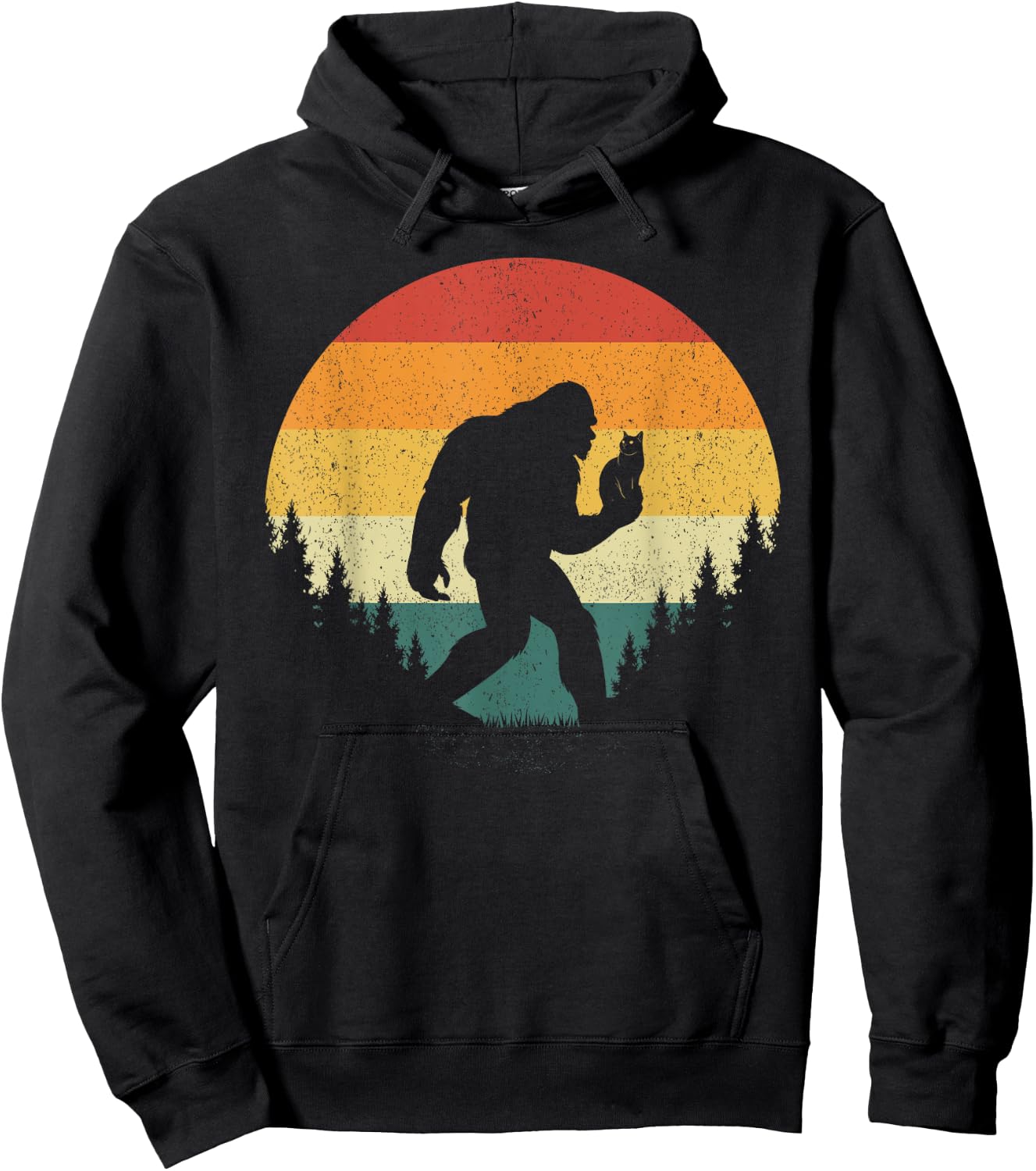 Bigfoot Holding Cat Funny Sasquatch Retro Vintage Sunset 80s Men Women Kids Hoodie - Hoodie | Black