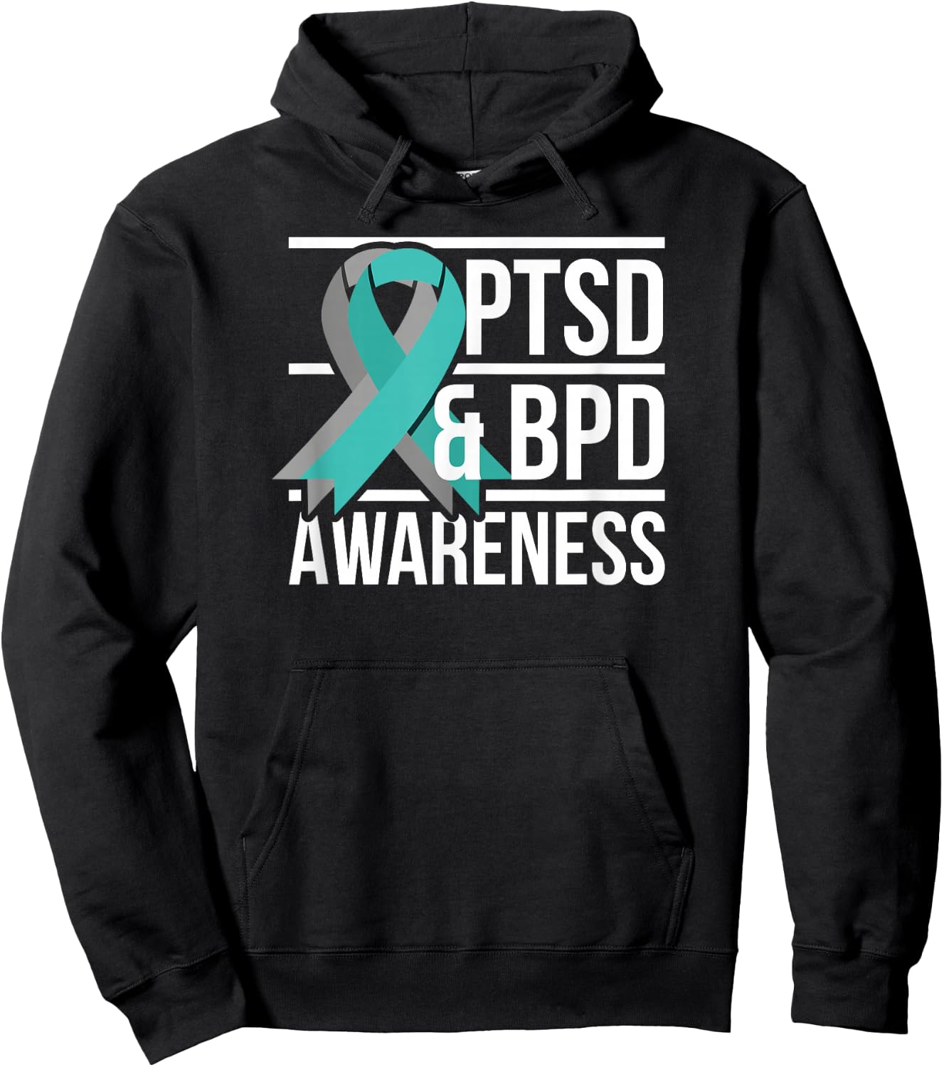 PTSD & BPD Awareness, Teal and Grey Ribbon Hoodie - Hoodie | Black