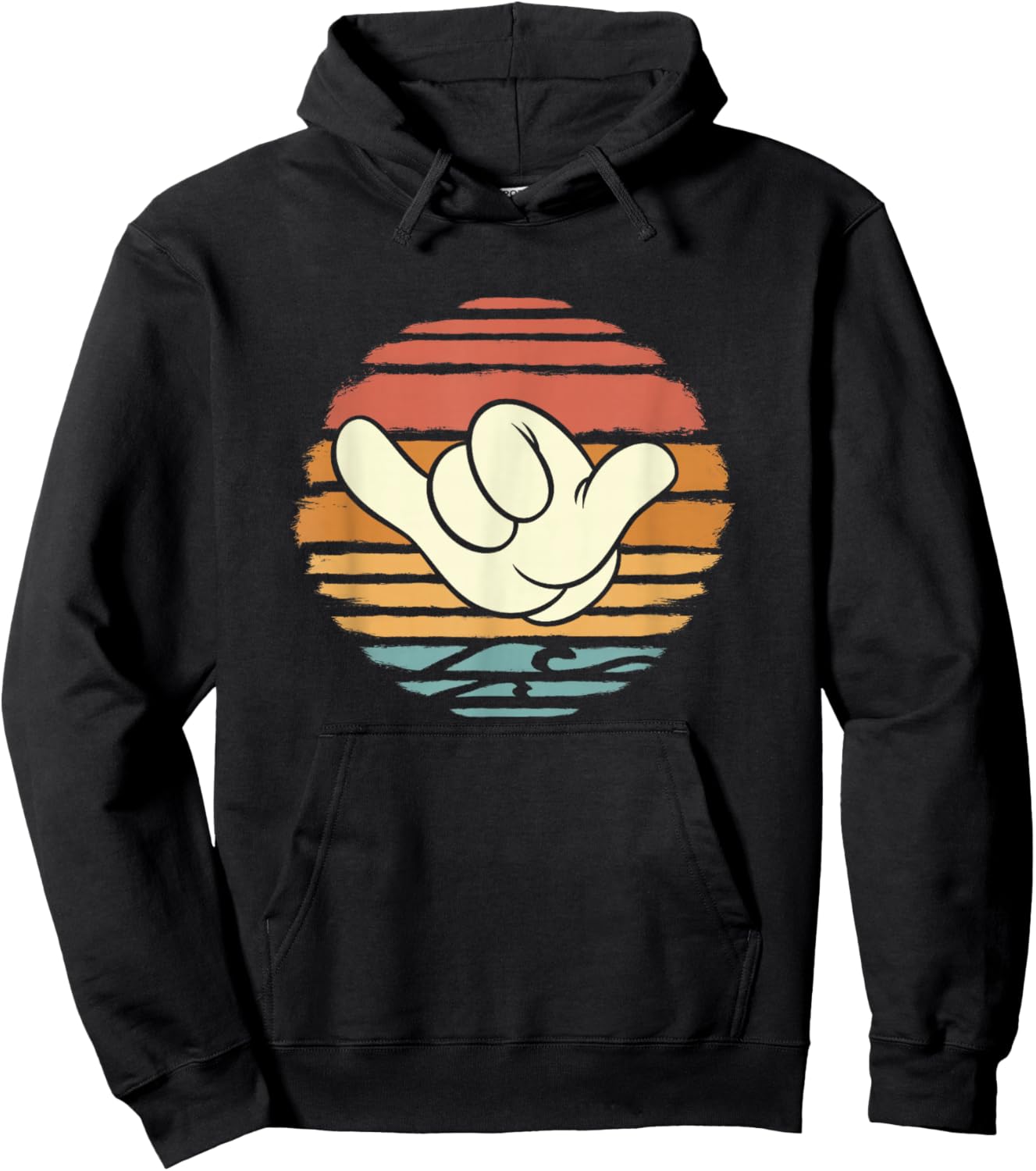 Disney Mickey and Friends Hand Shaka Sign Sunset Vintage Hoodie - Hoodie | Black