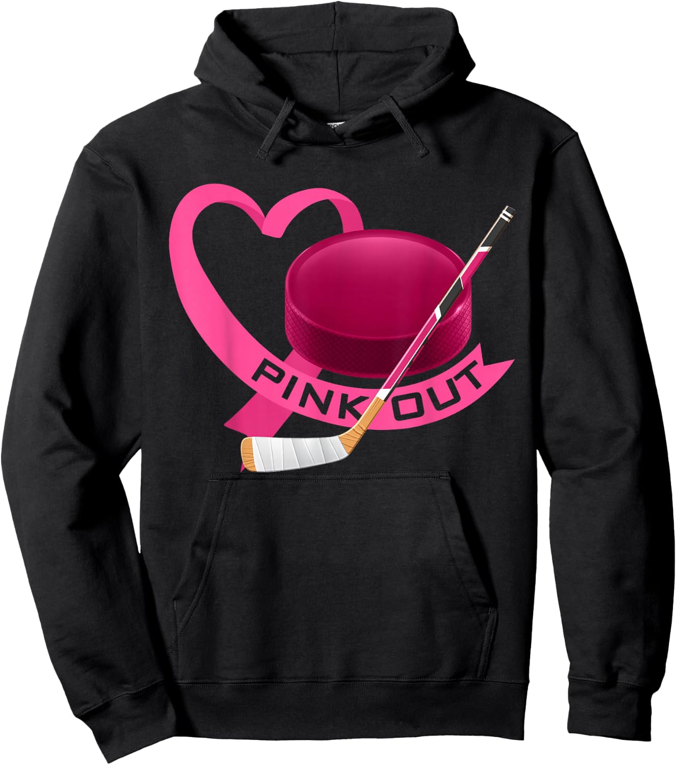 Pink Out Breast Cancer Pink Ribbon Heart & Ice Hockey Puck Hoodie - Hoodie | Black
