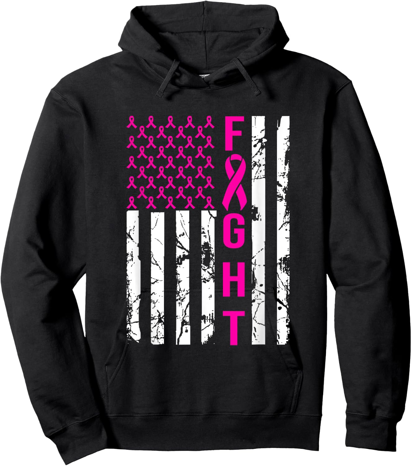 Breast Cancer Awareness FIGHT American Flag Pink Ribbon Women Men Hoodie - Hoodie | Black