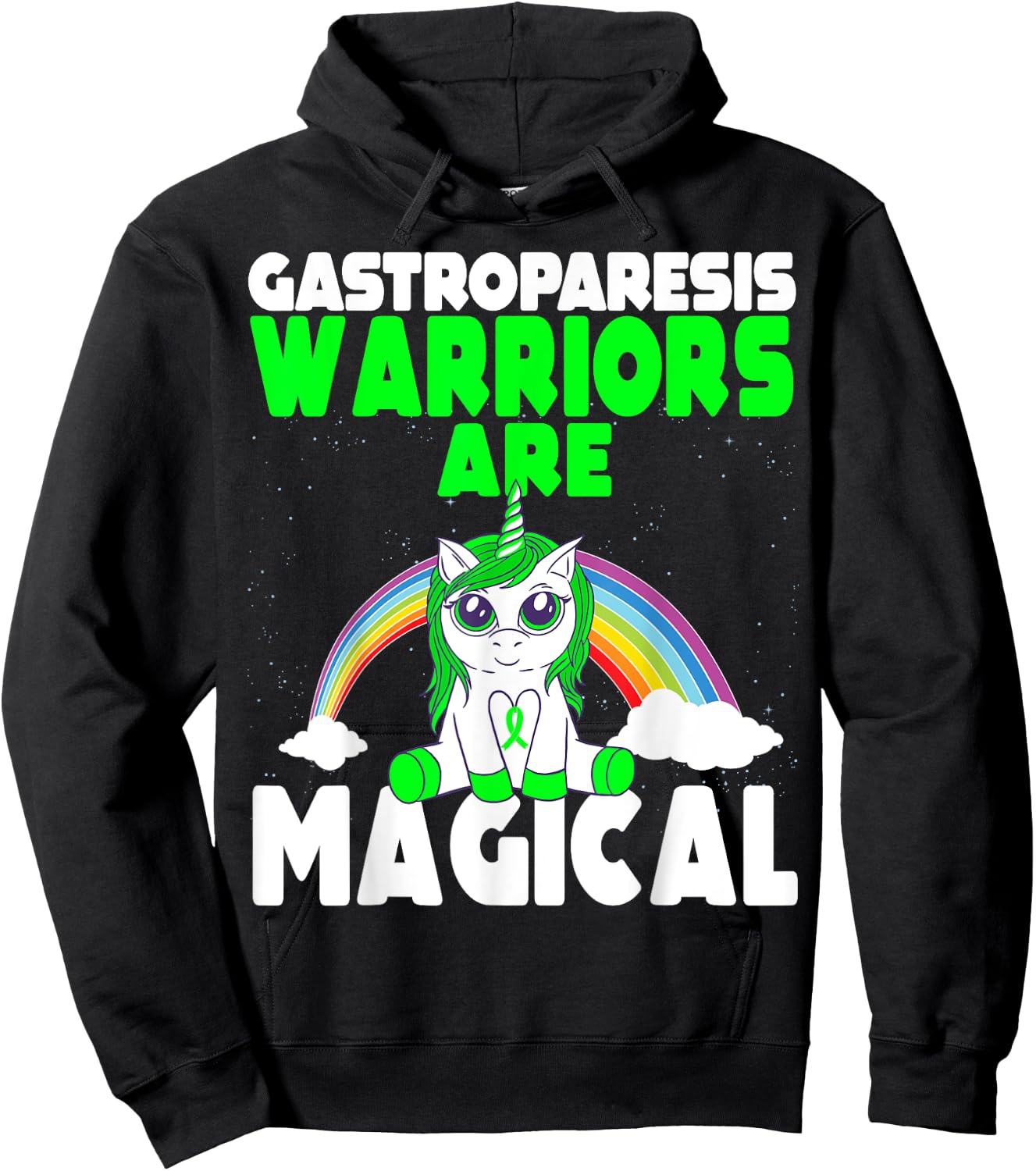 Gastroparesis Awareness Cute Magical Unicorn Green Ribbon Hoodie - Hoodie | Black