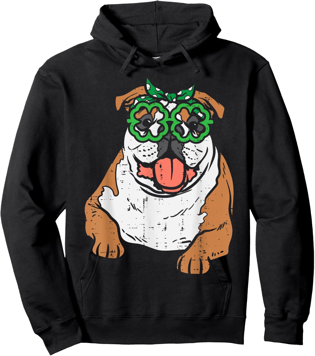English Bulldog Shamrock Glasses St Patricks Day Dog Gift Women Kids Hoodie - Hoodie | Black