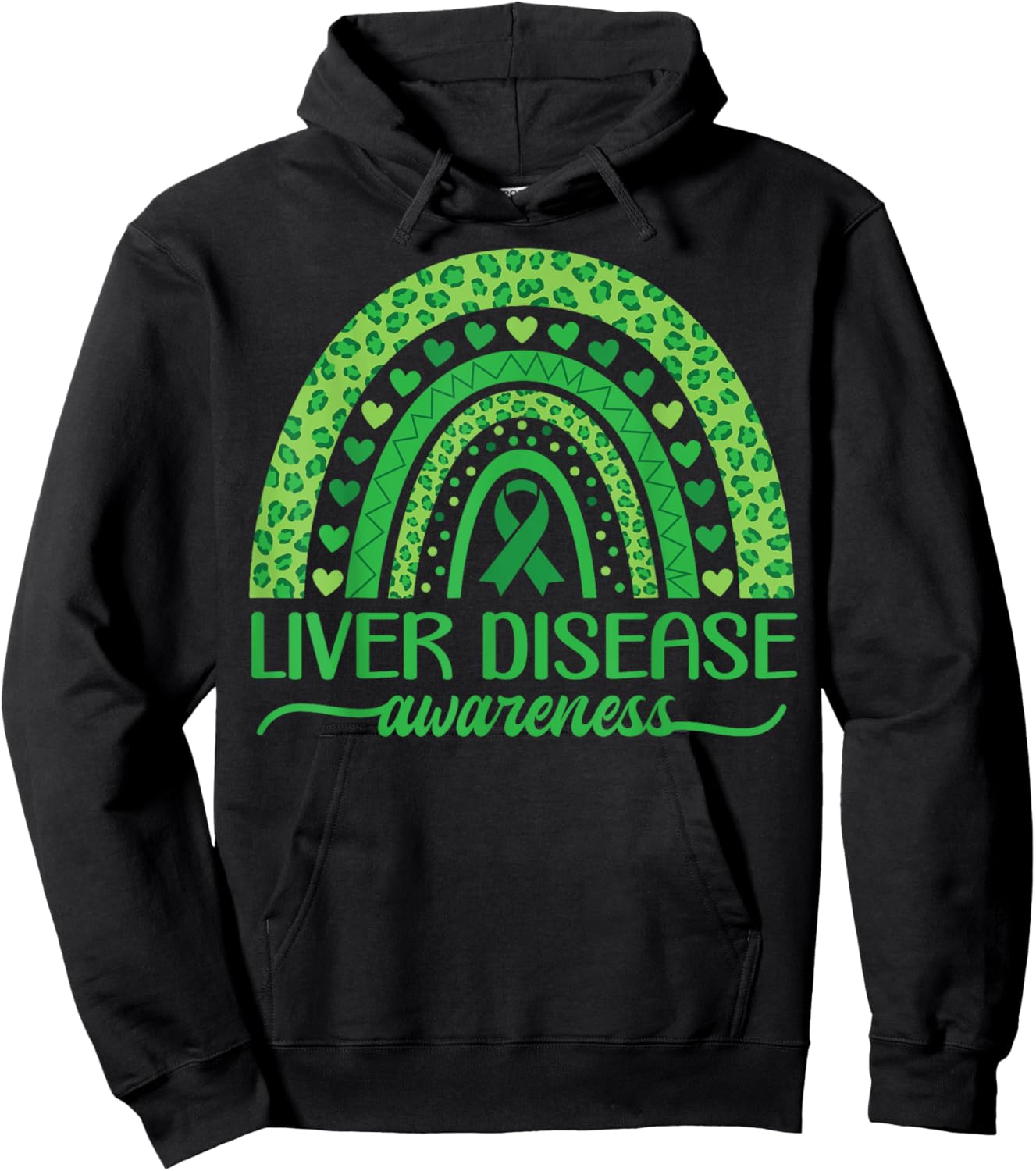 Boho Rainbow Liver Cancer Awareness with Green Ribbon Hoodie - Hoodie | Black