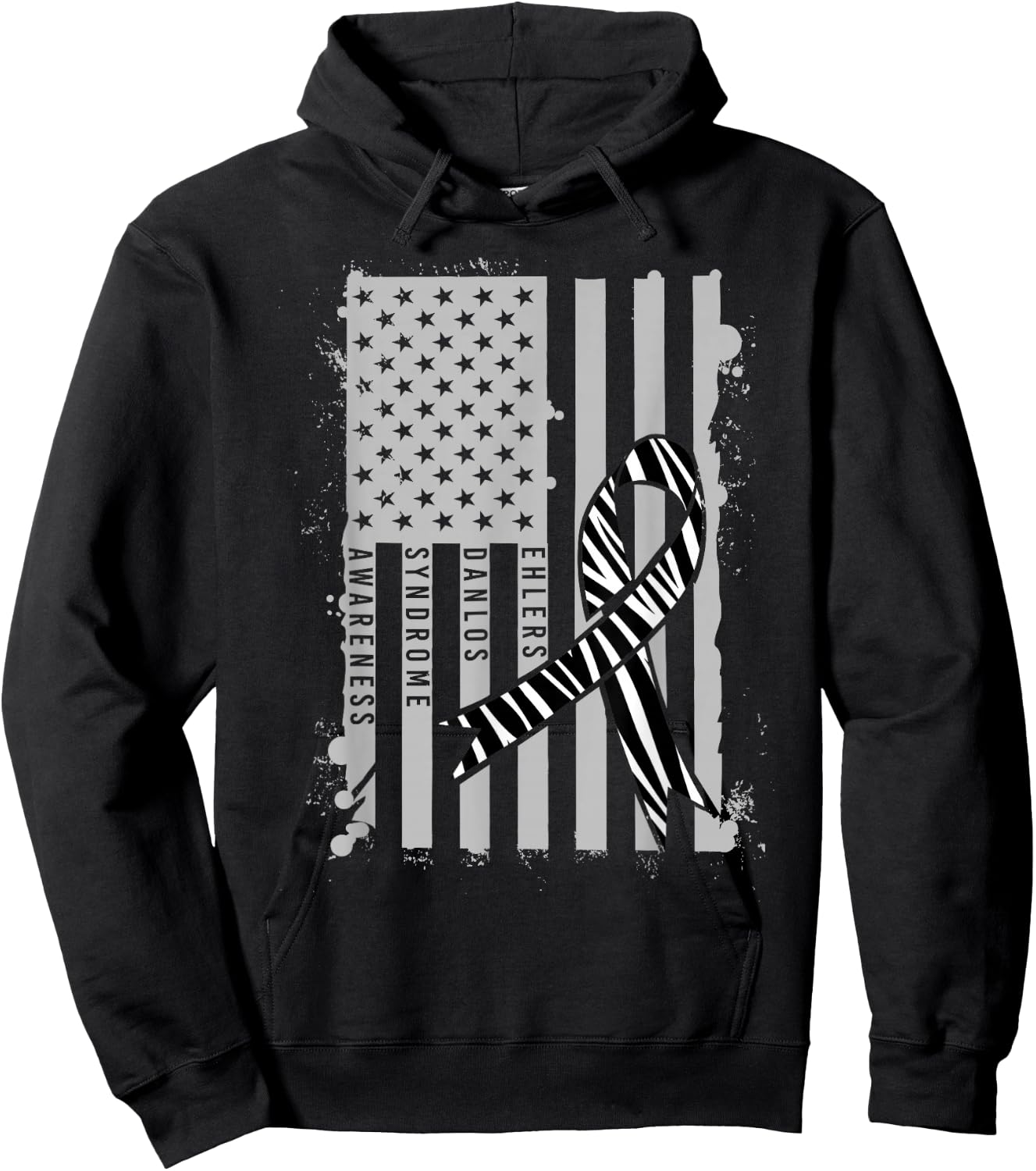 Patriotic Ehlers-Danlos Syndrome EDS Awareness Zebra Ribbon Hoodie - Hoodie | Black