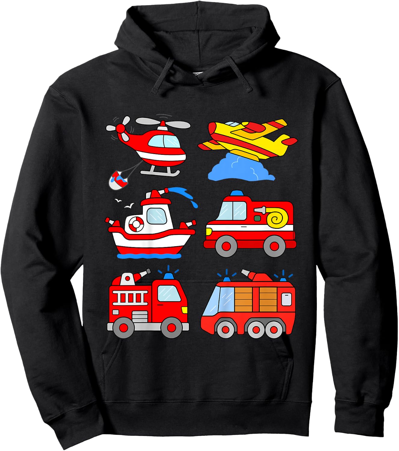 Kids Fire Engines Boys Toddlers Firefighter Boat Plane Helicopter Hoodie - Hoodie | Black
