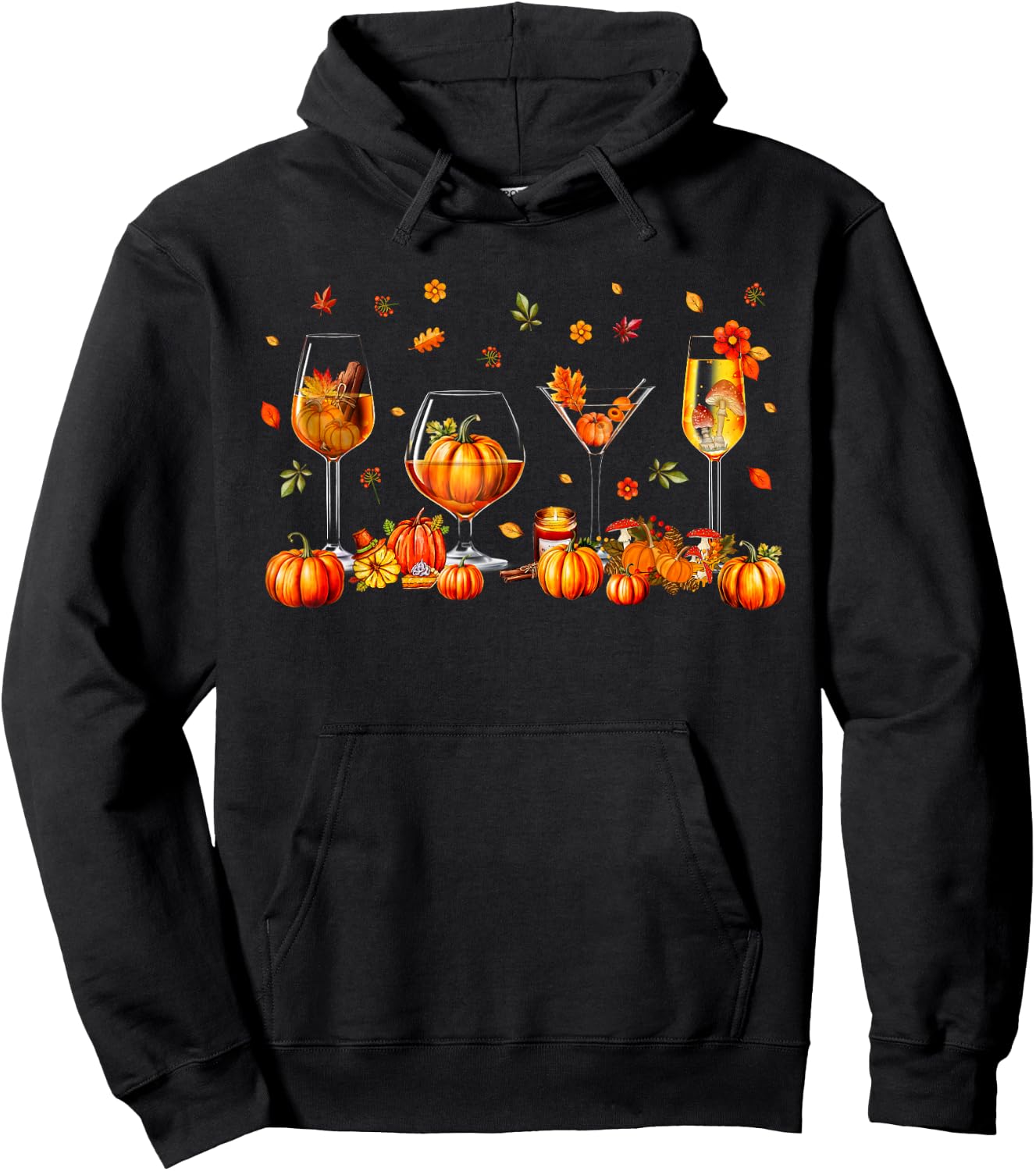 Wine Glasses Drinking Party Pumpkin Fall Season Thanksgiving Hoodie - Hoodie | Black