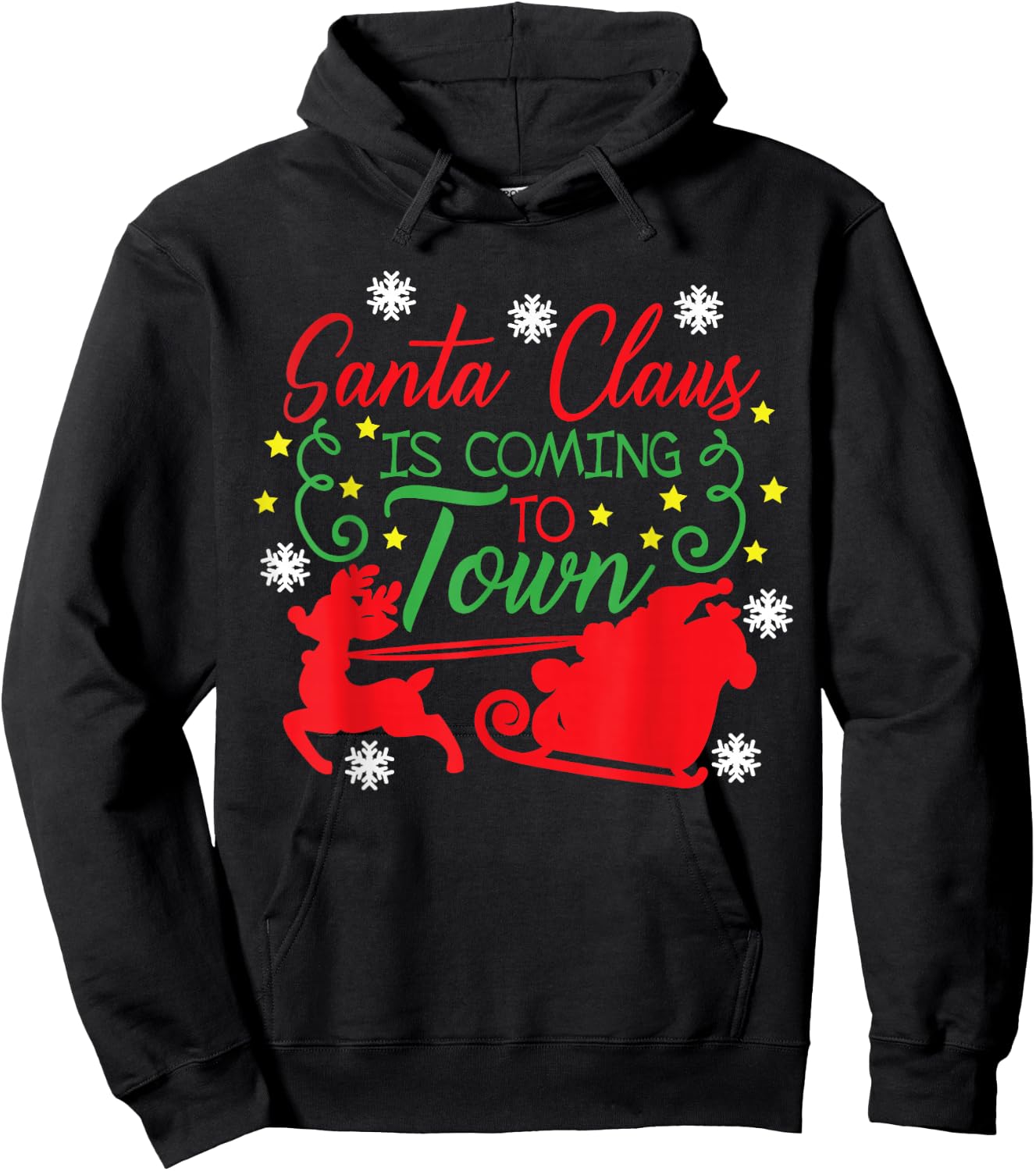 Santa Claus Is Coming To Town Flying Reindeer Snowflakes Hoodie - Hoodie | Black