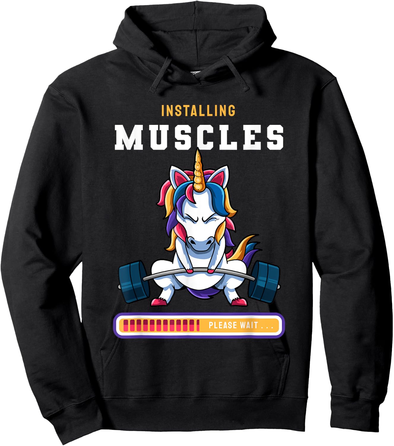 Funny Magical Unicorn Lifting Installing Muscles Loading App Hoodie - Hoodie | Black