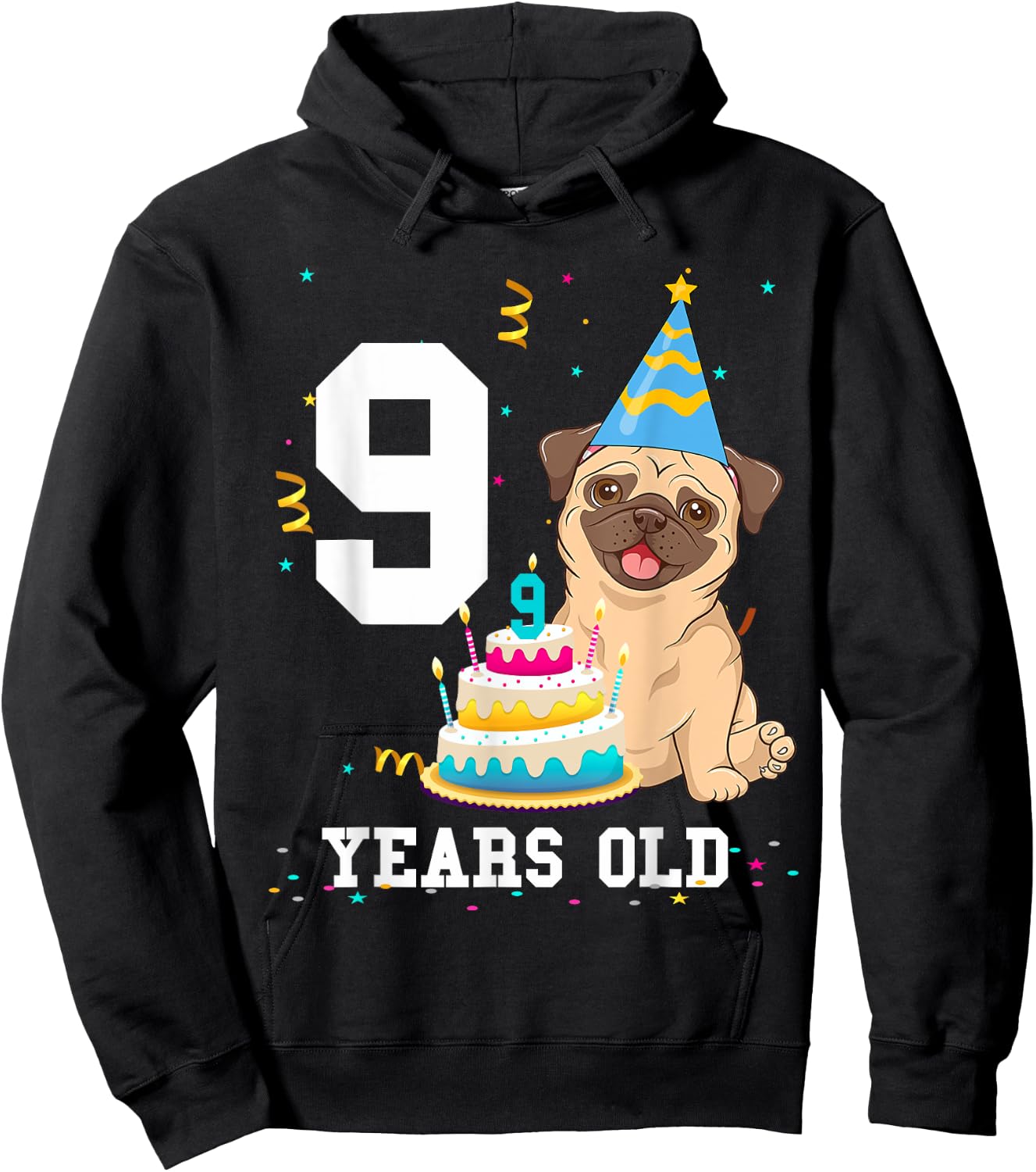 9 Years Old Birthday Pug Dog Lover Party Kids Boys Girls Hoodie - Hoodie | Black