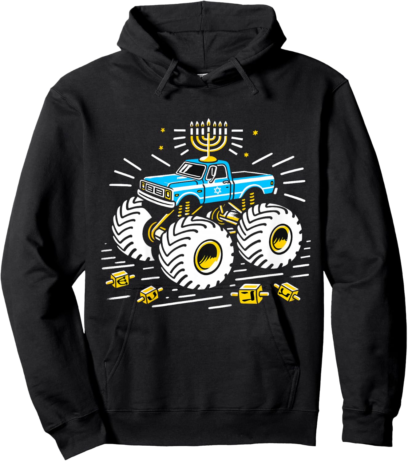 Kids Monster Truck Menorah Dreidel Toddler Boys Hanukkah PJs Hoodie - Hoodie | Black