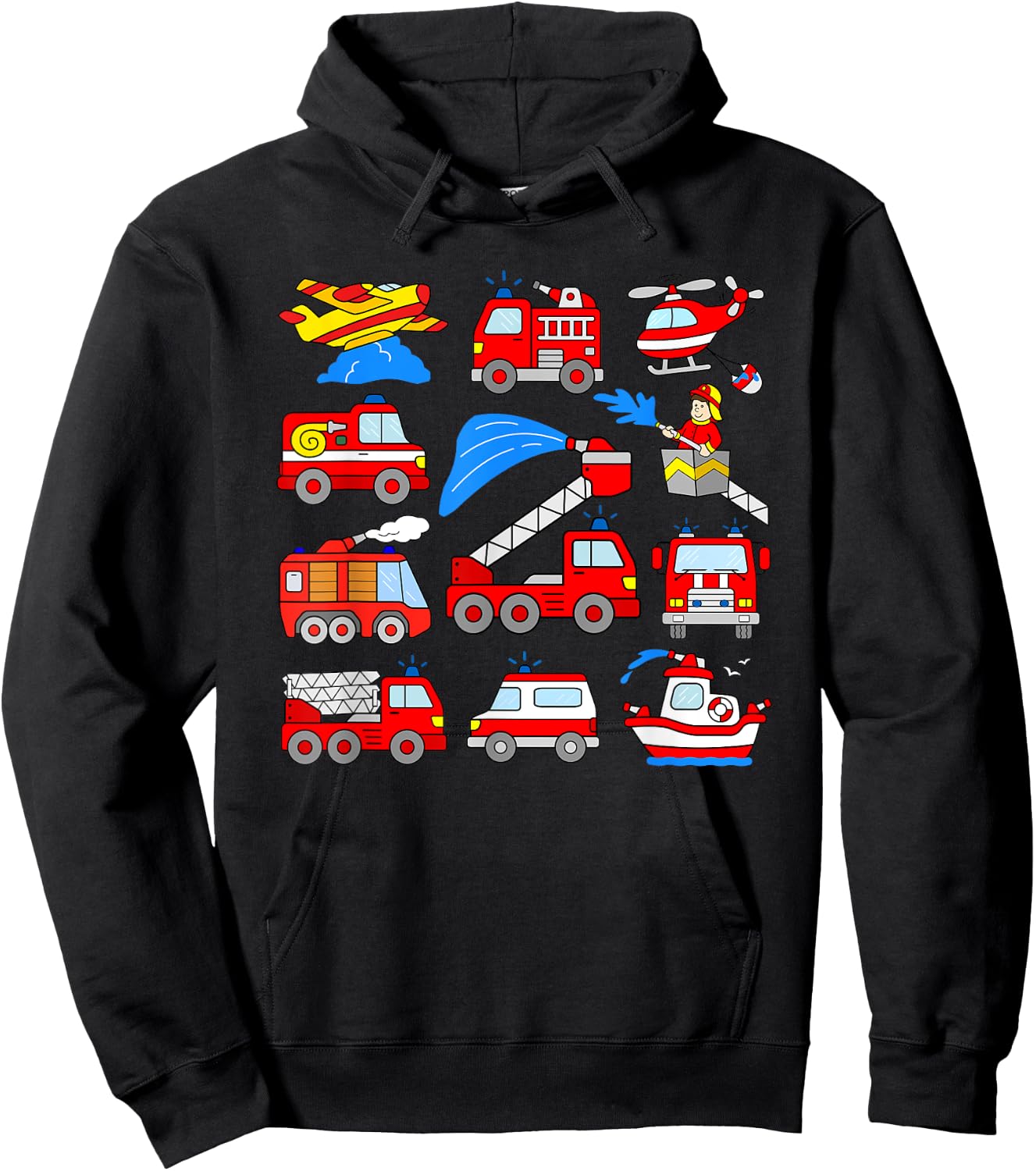 Firetrucks Toddler Rescue Vehicles Fireman Trucks Boat Plane Hoodie - Hoodie | Black