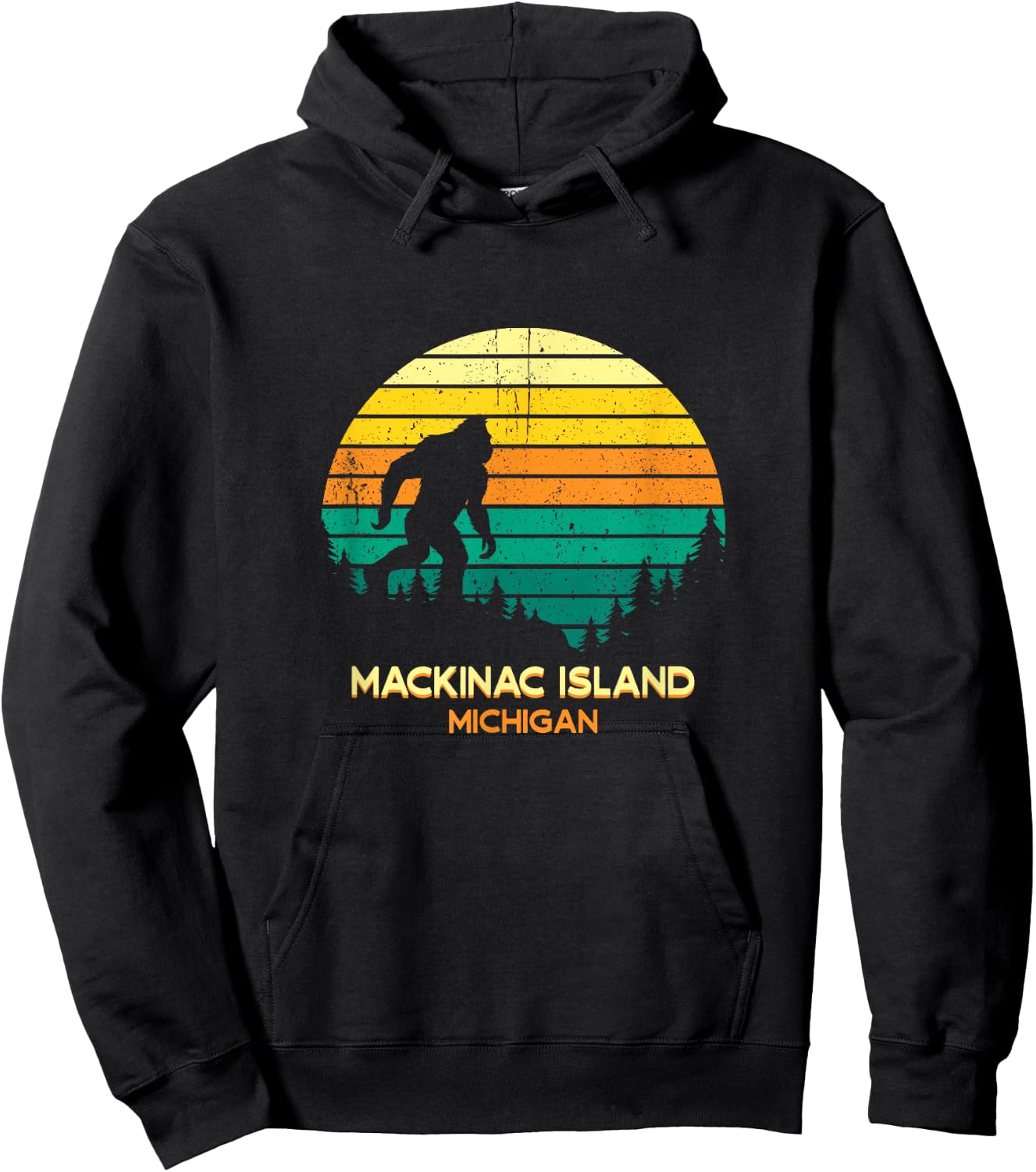 Retro Bayou Mackinac Island, Michigan Bigfoot Souvenir Hoodie - Hoodie | Black
