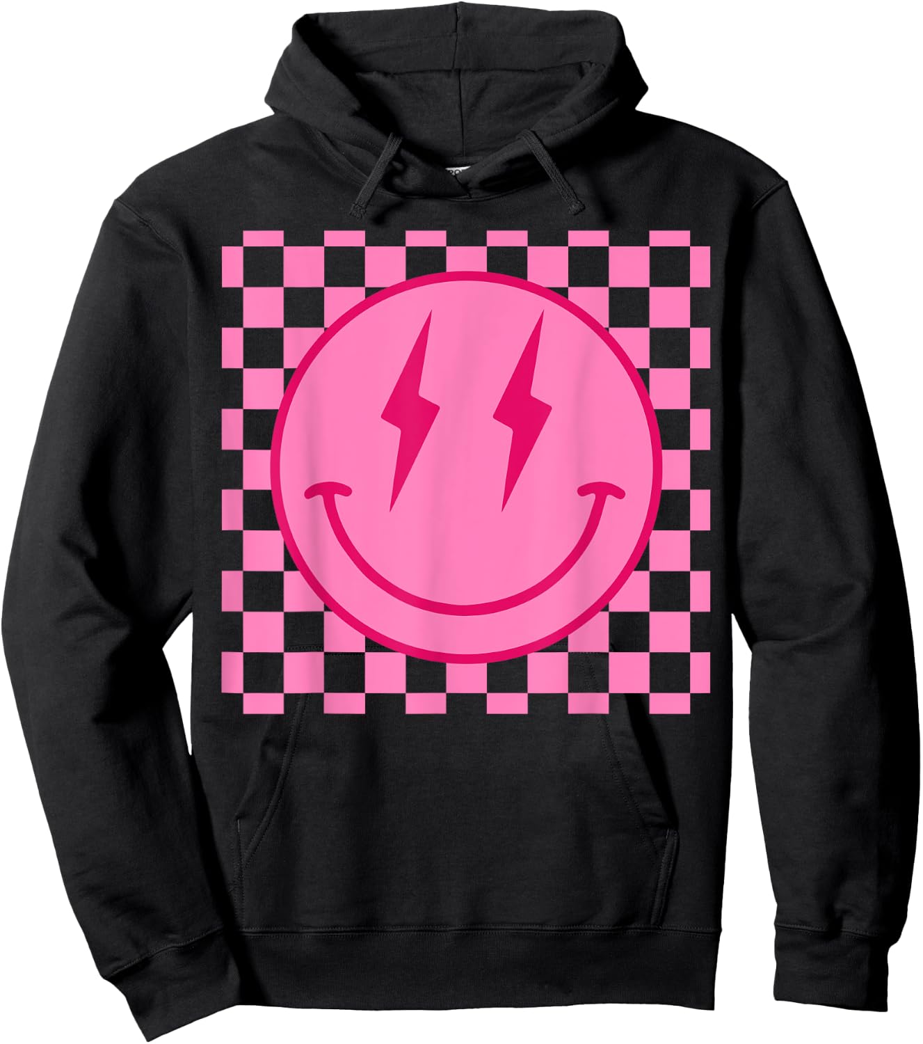 Retro Happy Face Shirt Checkered Pattern Smile Face Trendy Hoodie - Hoodie | Black