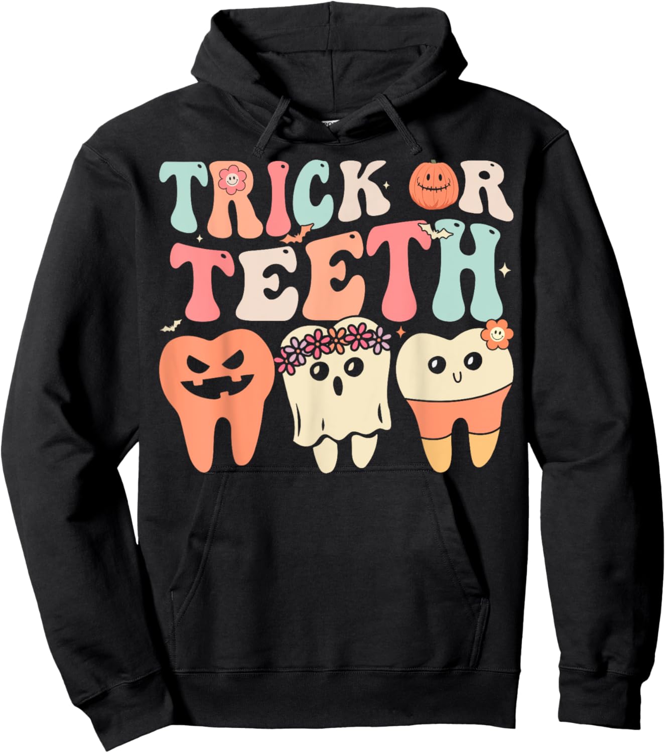 Retro Groovy Trick Or Teeth Dental Halloween Dentist Hoodie - Hoodie | Black