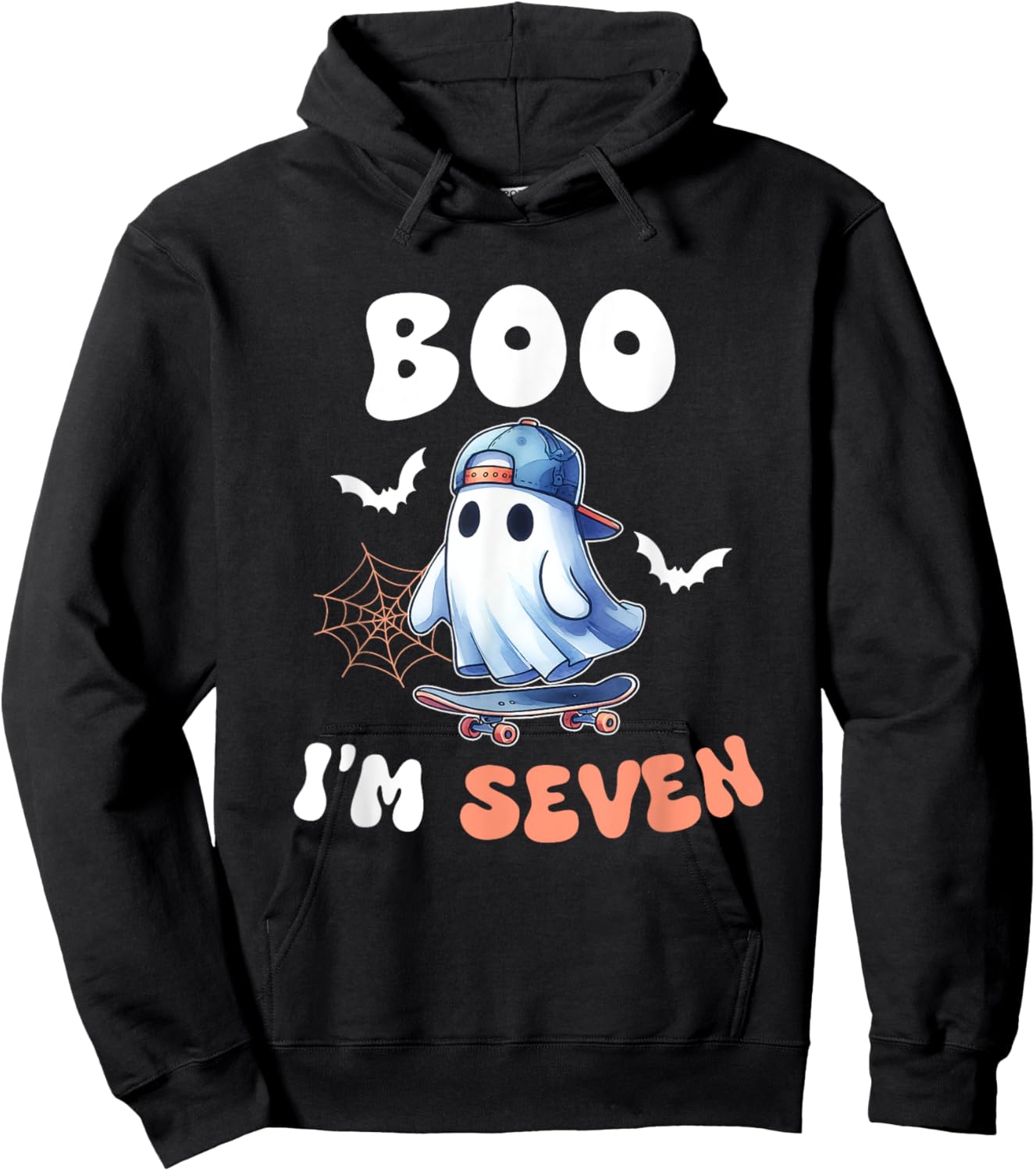 Boo I'm Seven Ghost Skateboard 7th Birthday Halloween Boys Hoodie - Hoodie | Black