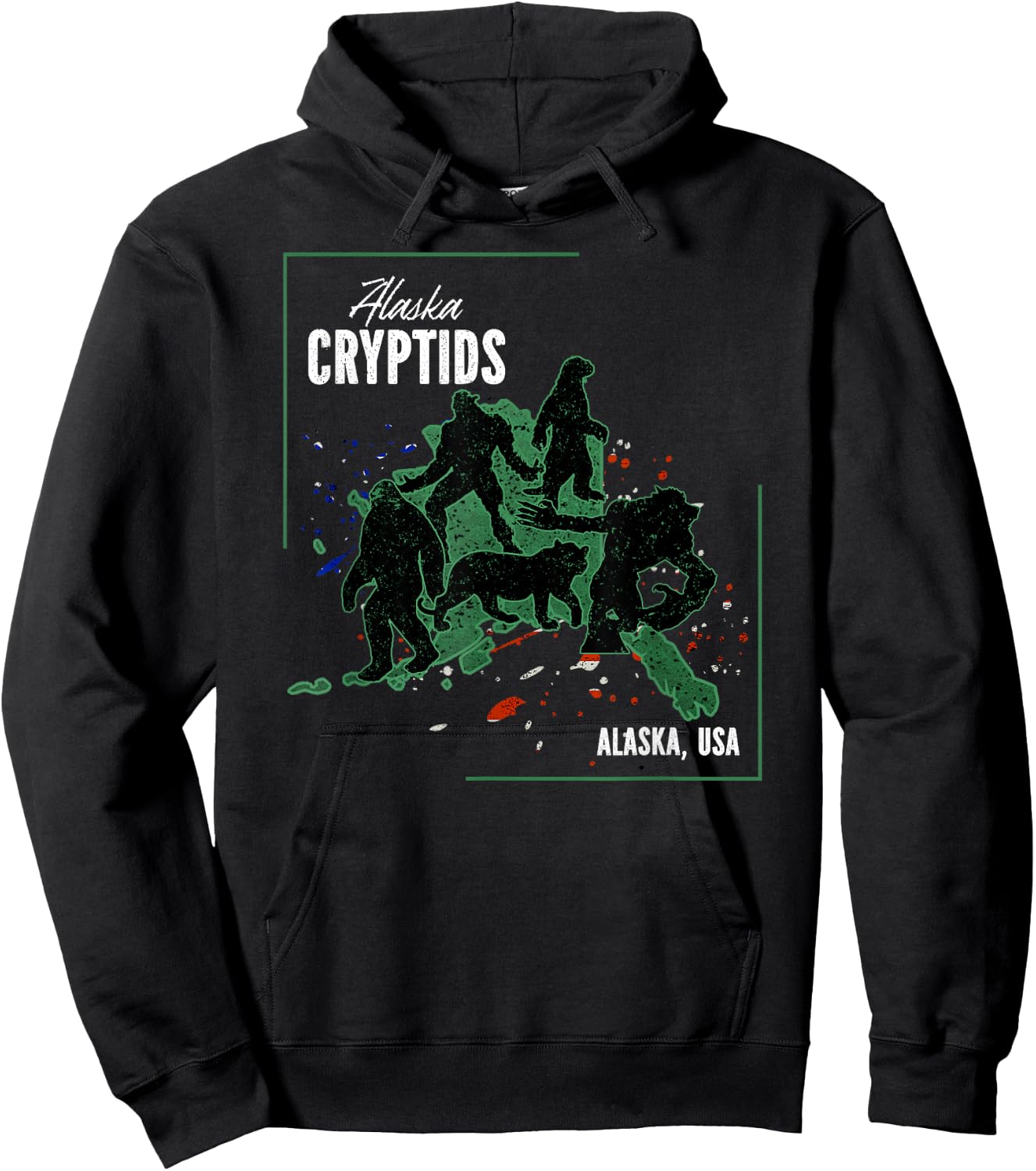 Cryptid Map of Alaska - The Otterman, Bigfoot, Giant, Tiger Hoodie - Hoodie | Black
