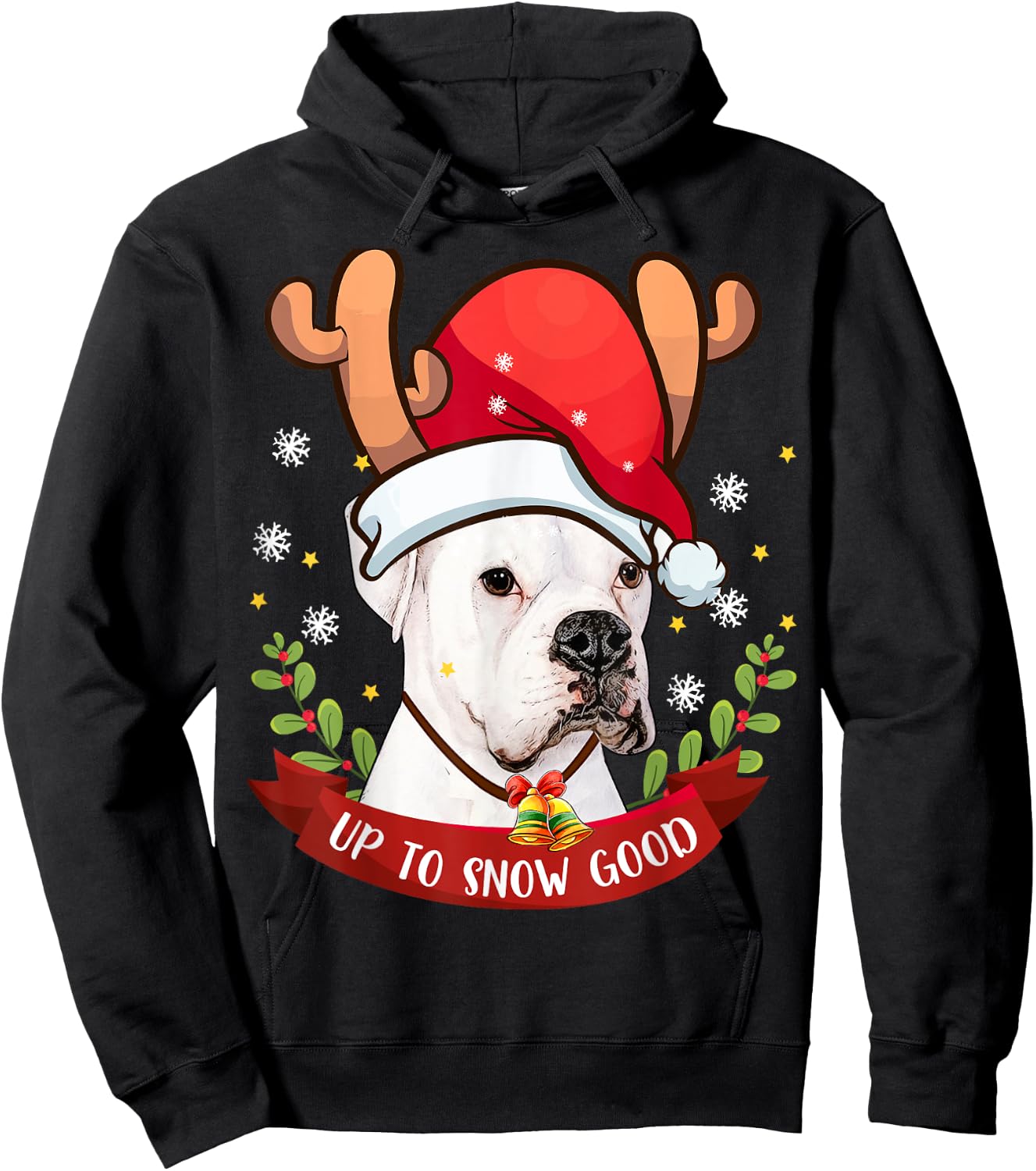 White Boxer Dog Reindeer Christmas Gift Boys Girls Kids Hoodie - Hoodie | Black
