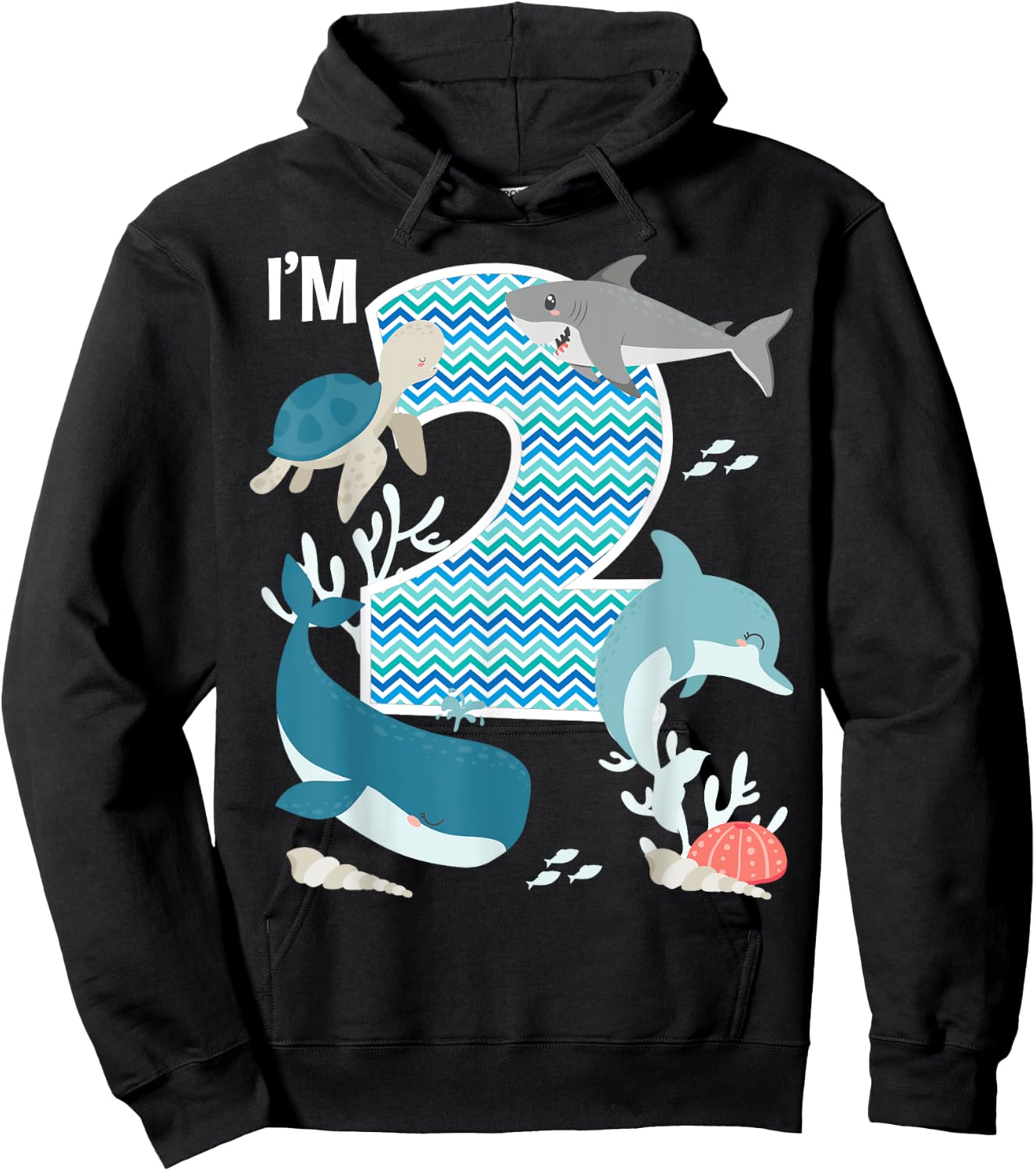 Kids 2 Year Old Ocean Life Whale Dolphin Shark 2nd Birthday Hoodie - Hoodie | Black