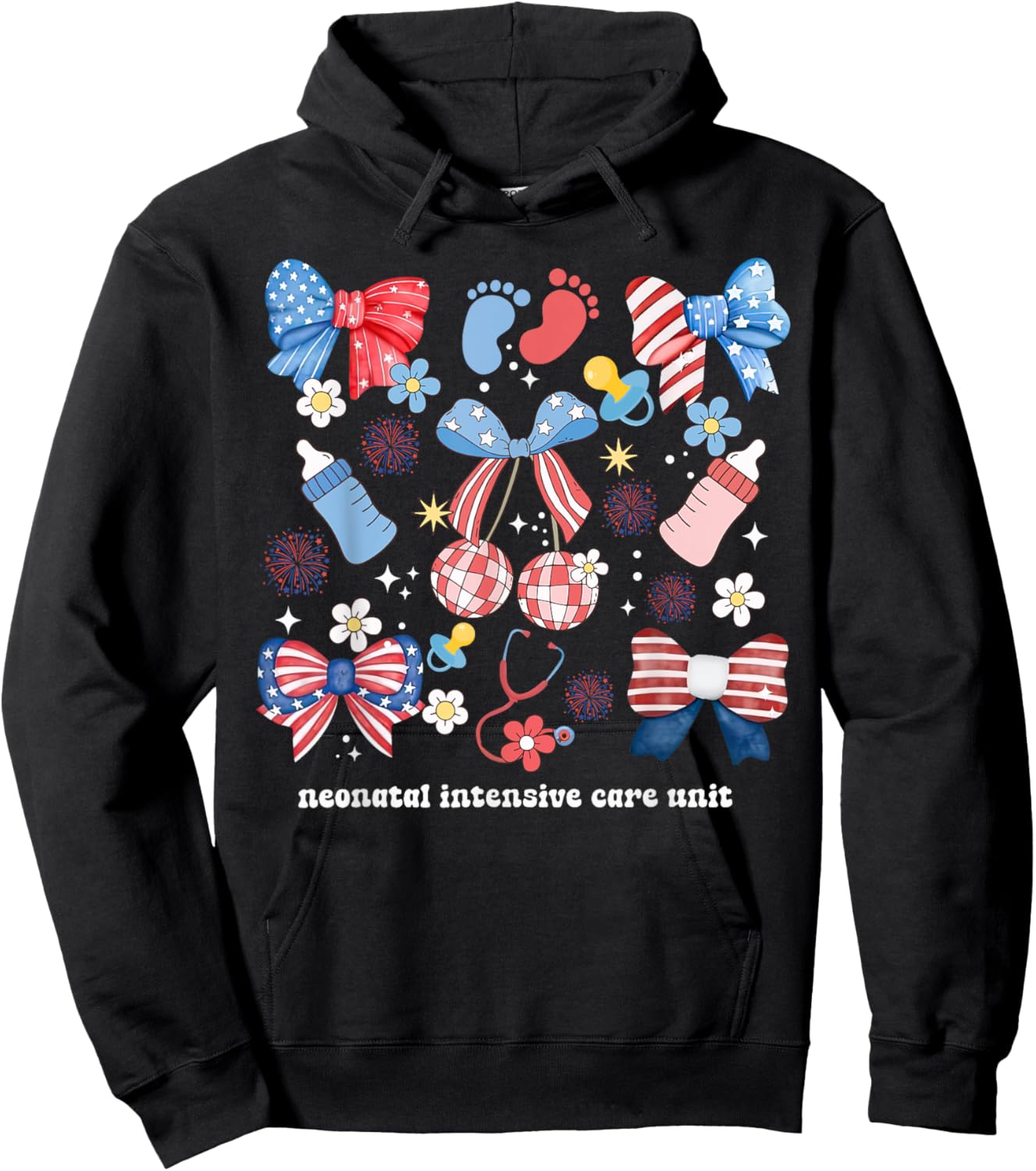 4th of July Neonatal ICU Nurse Coquette Bow NICU Nursing Women Men Hoodie - Hoodie | Black