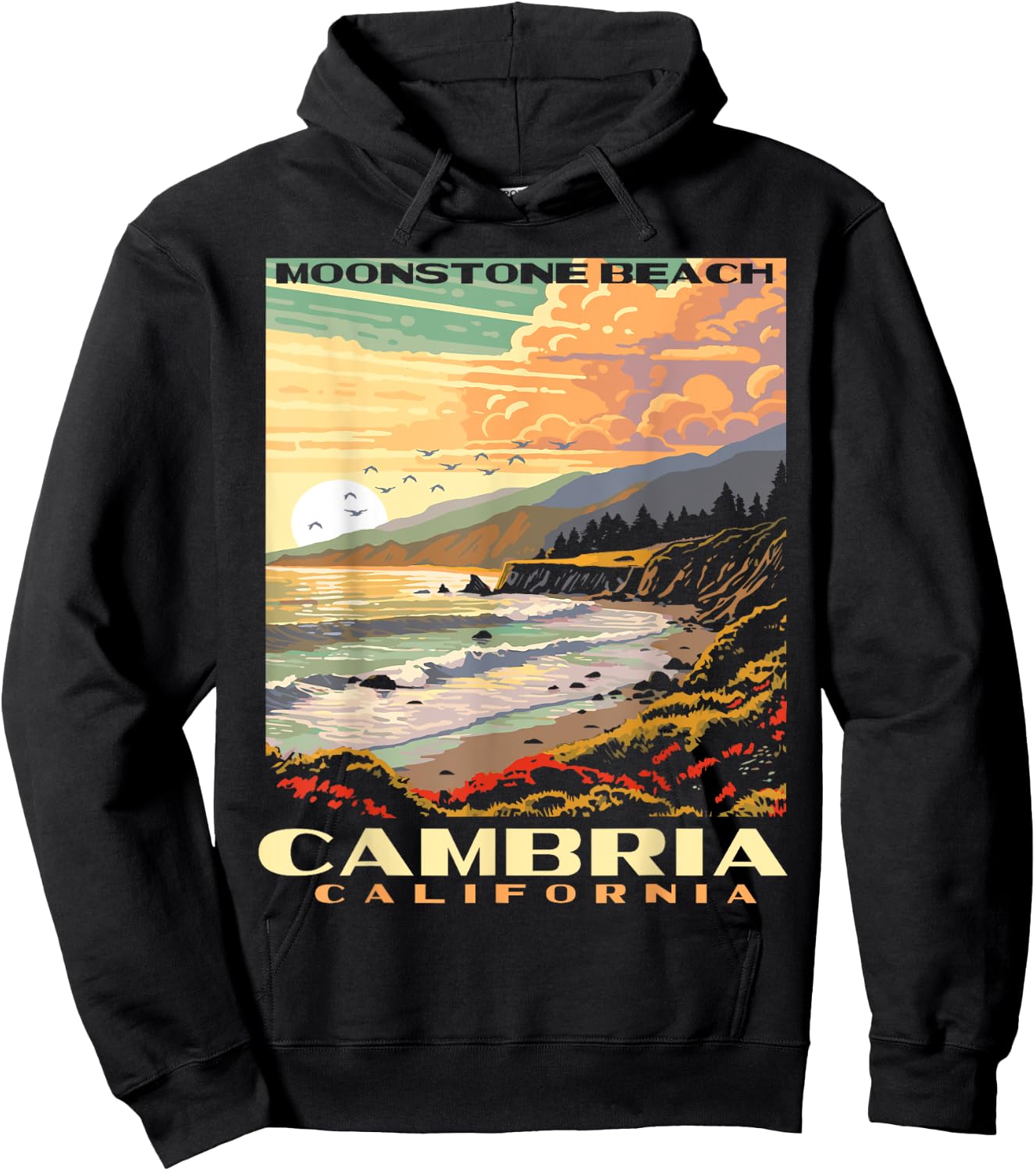 Cambria California Central Coast Moonstone Beach Vintage WPA Women Kids Hoodie - Hoodie | Black