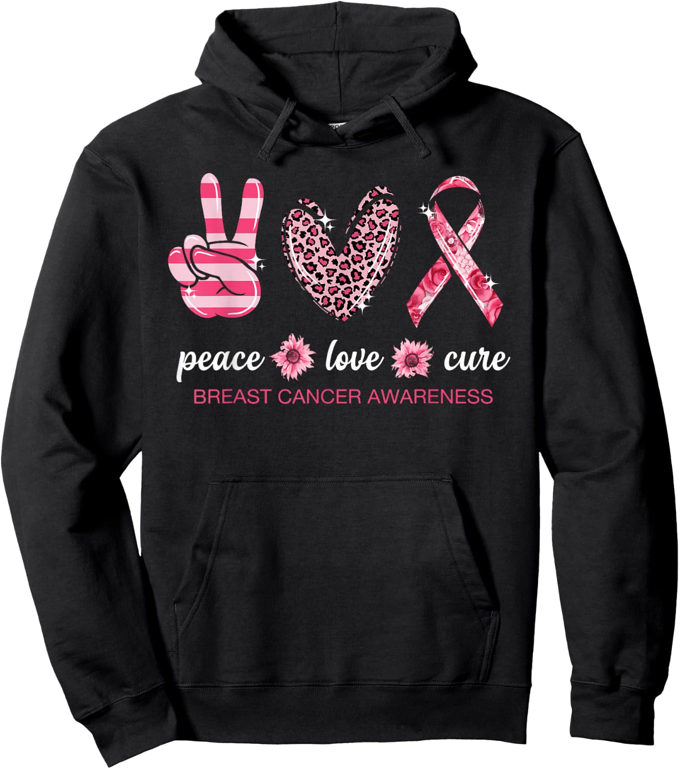 Peace Love Cure Pink Ribbon Breast Cancer Awareness Hoodie - Hoodie | Black